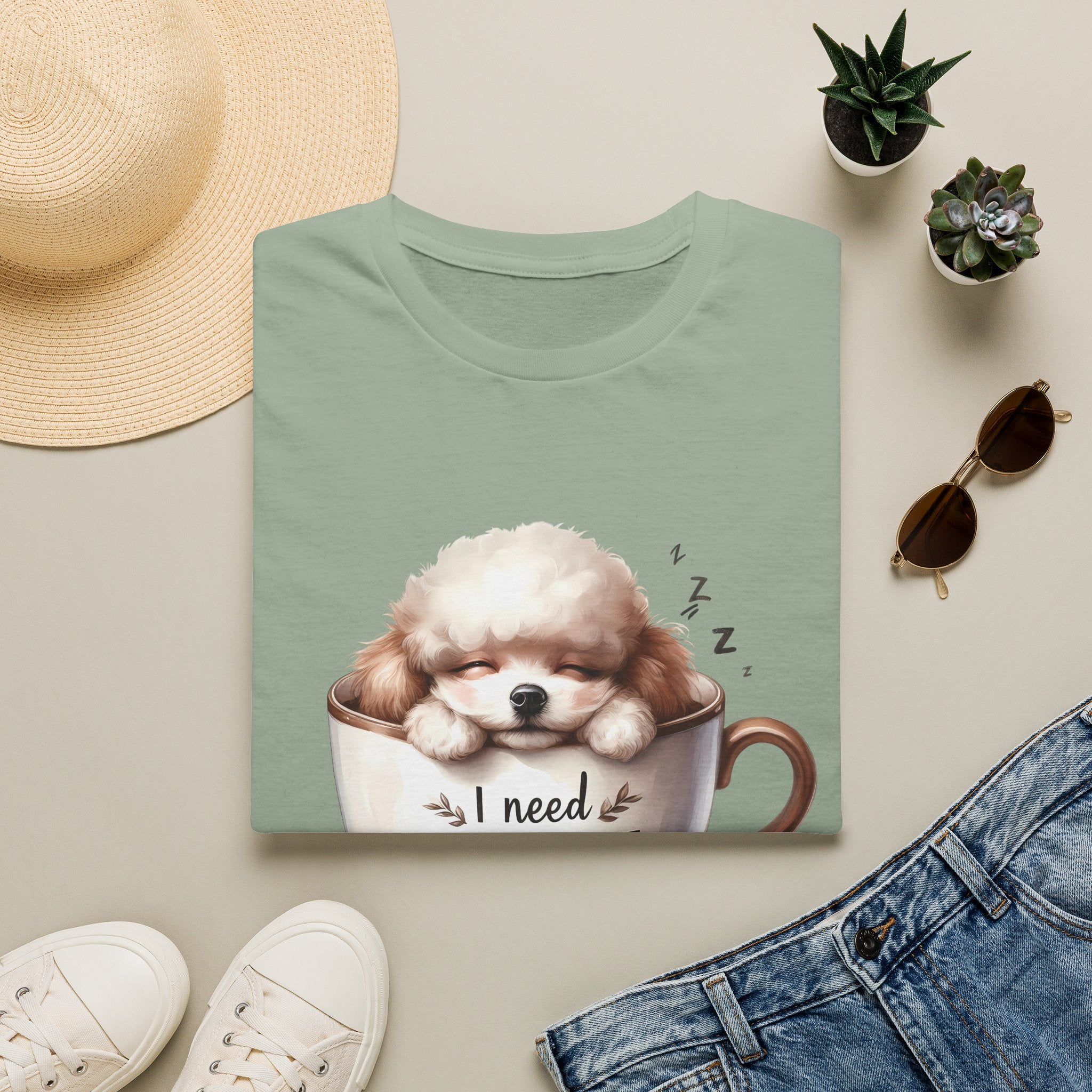 Sleeping Puppy in Coffee Cup T-Shirt | I Need Coffee Dog Design