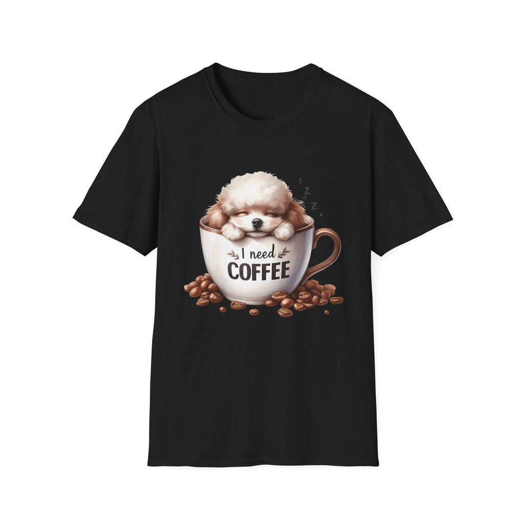 Sleeping Puppy in Coffee Cup T-Shirt | I Need Coffee Dog Design