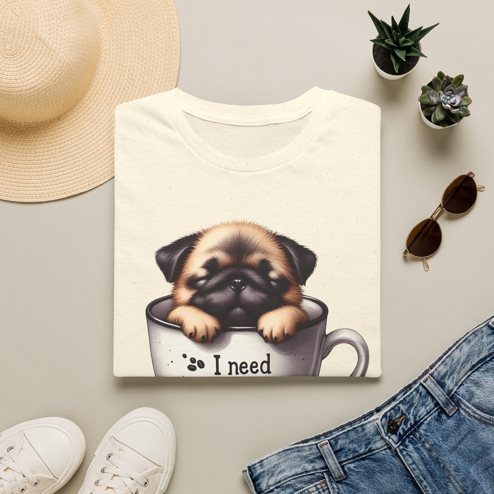 Puppy in Coffee Cup I Need Coffee T-Shirt | Cute Pug Coffee Tee