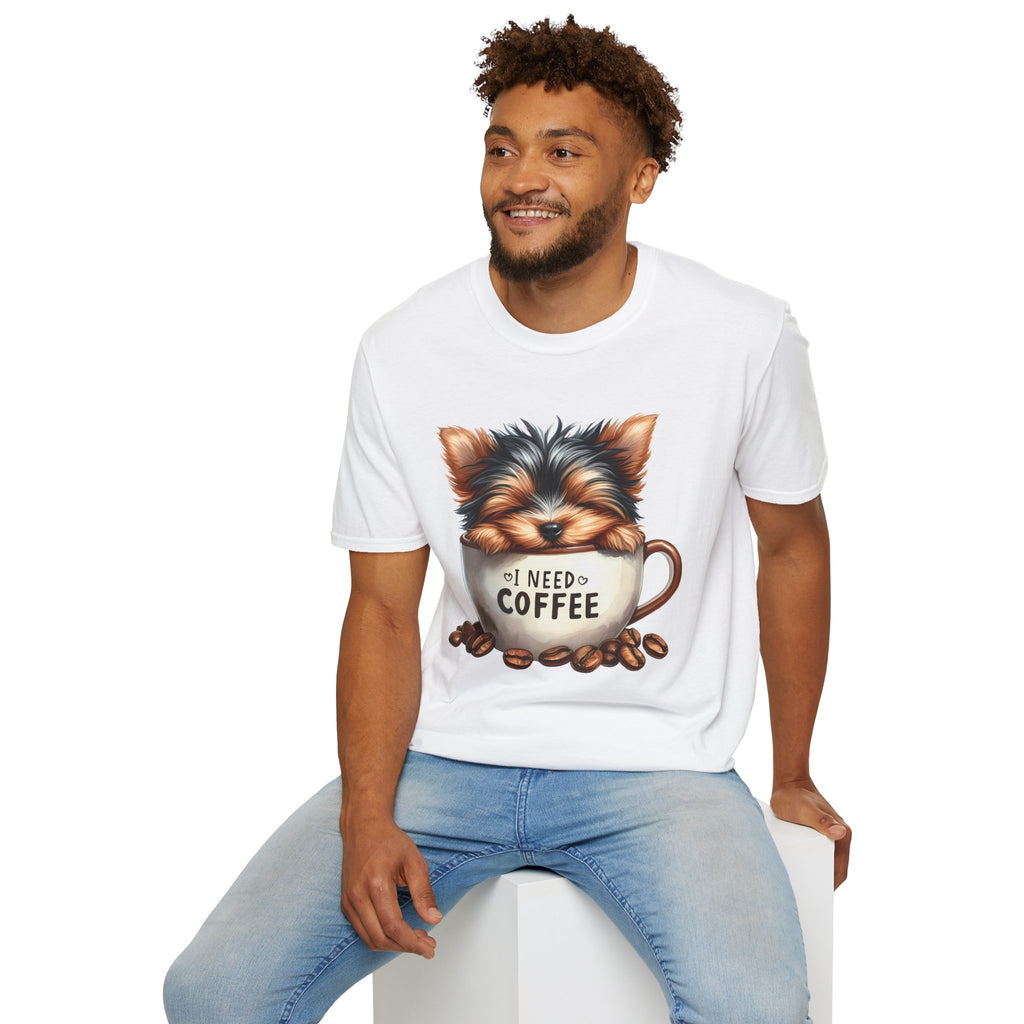 Cute Yorkie in Coffee Cup T-Shirt | I Need Coffee Puppy Graphic Tee