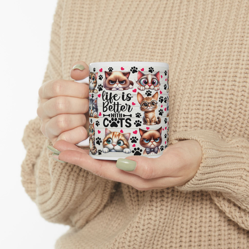 Cute Cartoon Cats Mug | Cute Cat Faces, Paw Prints Pattern Ceramic Mug