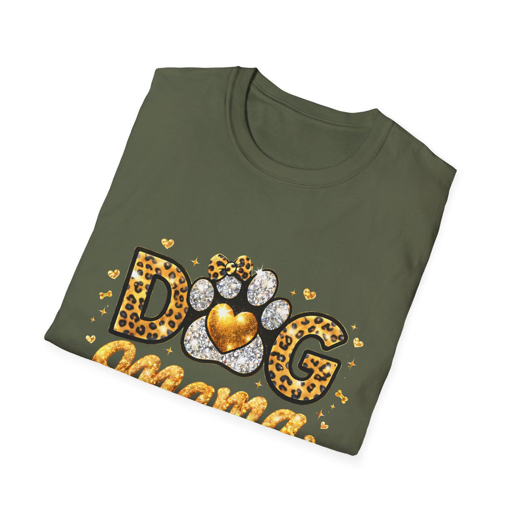 Dog Mama T-Shirt | Leopard Heart Paw Print, Gold Glitter Script