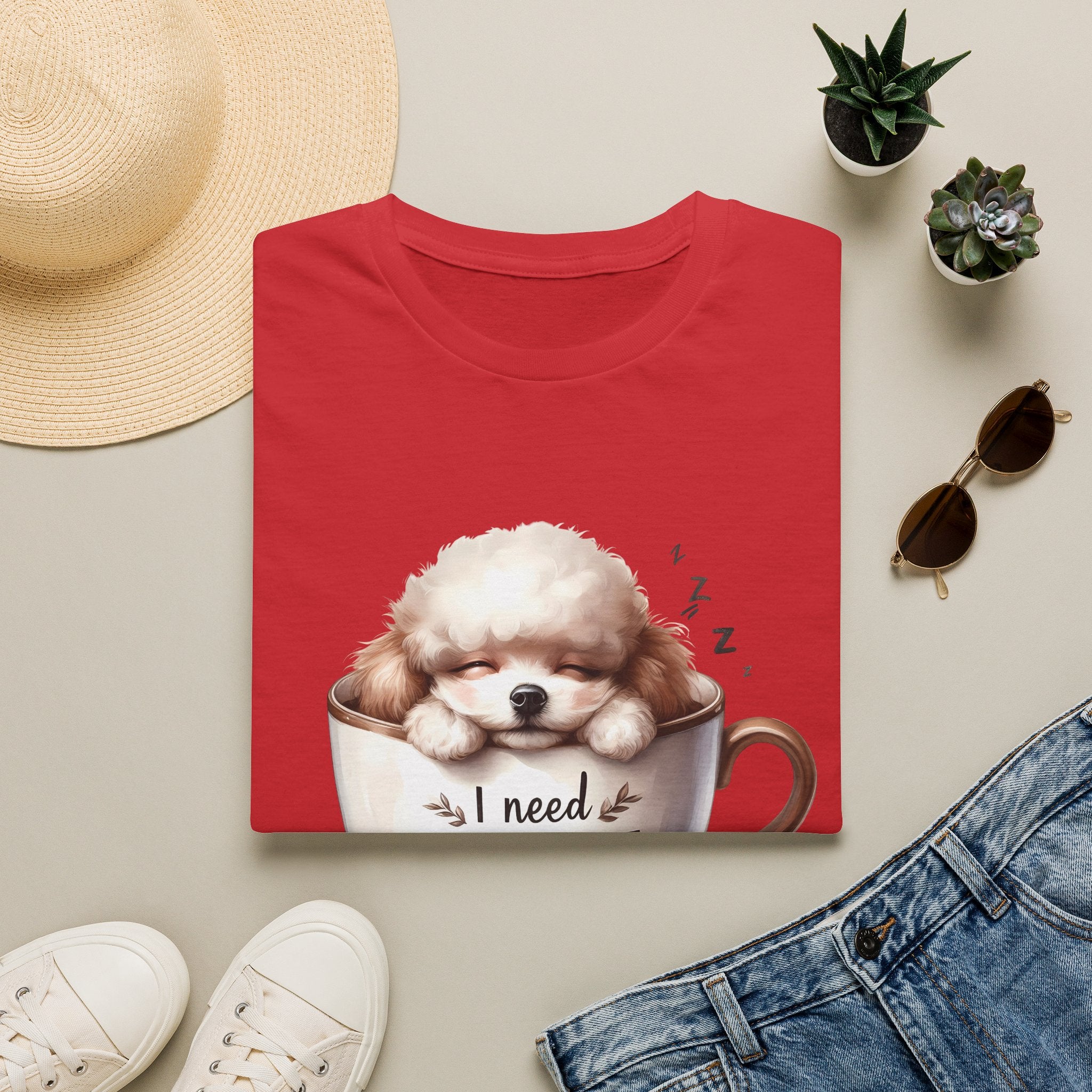 Sleeping Puppy in Coffee Cup T-Shirt | I Need Coffee Dog Design