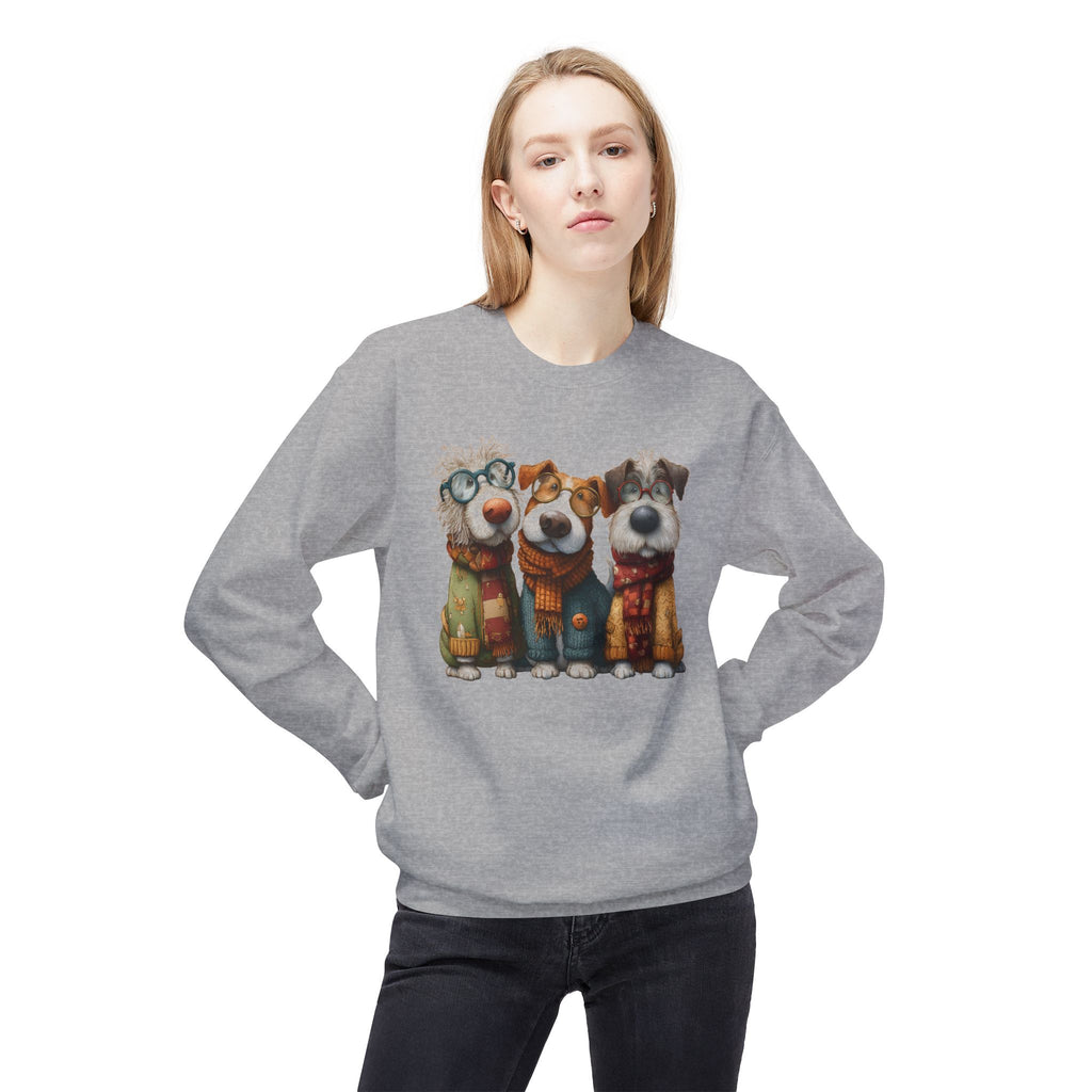 Three Cartoon Dogs in Scarves Sweatshirt | Cute Winter Pup Trio