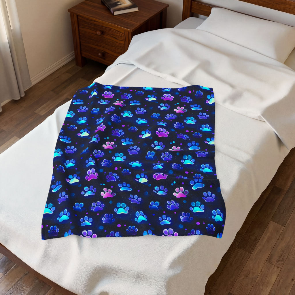 Neon Paw Prints Velveteen Plush Blanket | Blue Purple Gradient Paw Pattern