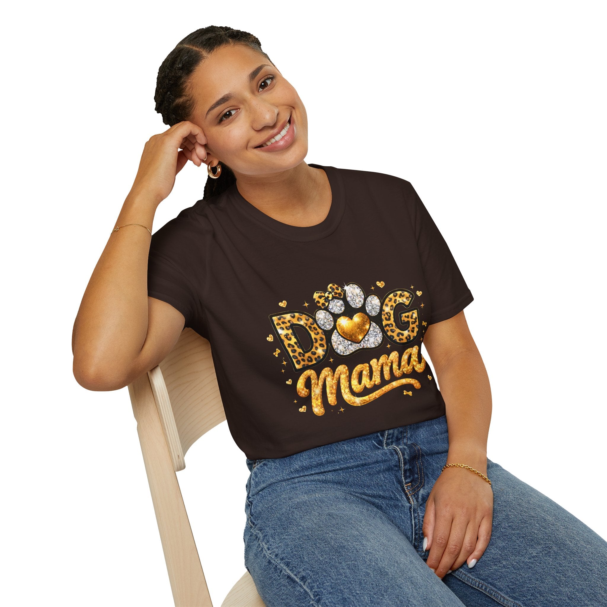 Dog Mama T-Shirt | Leopard Heart Paw Print, Gold Glitter Script