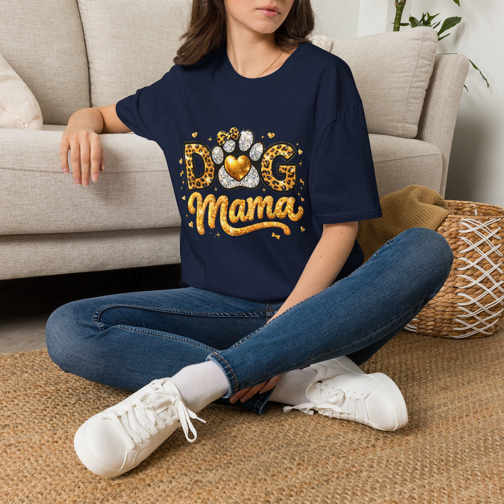 Dog Mama T-Shirt | Leopard Heart Paw Print, Gold Glitter Script