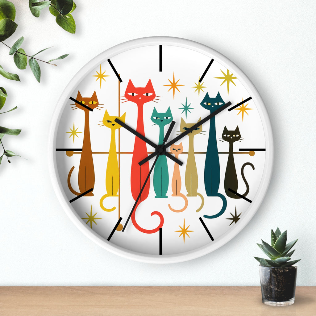 Retro Mid Century Modern Cats Wall Clock | Atomic Starburst Cat Design