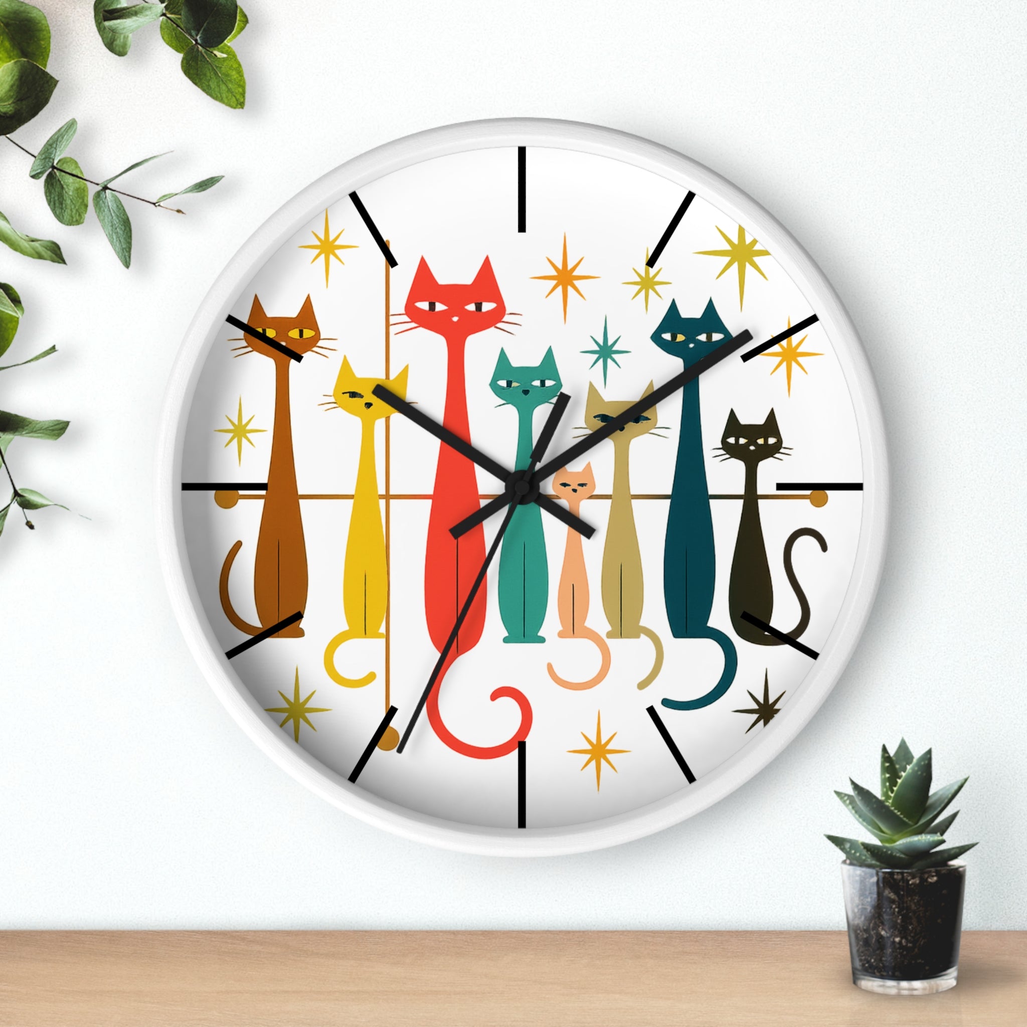 Retro Mid Century Modern Cats Wall Clock | Atomic Starburst Cat Design