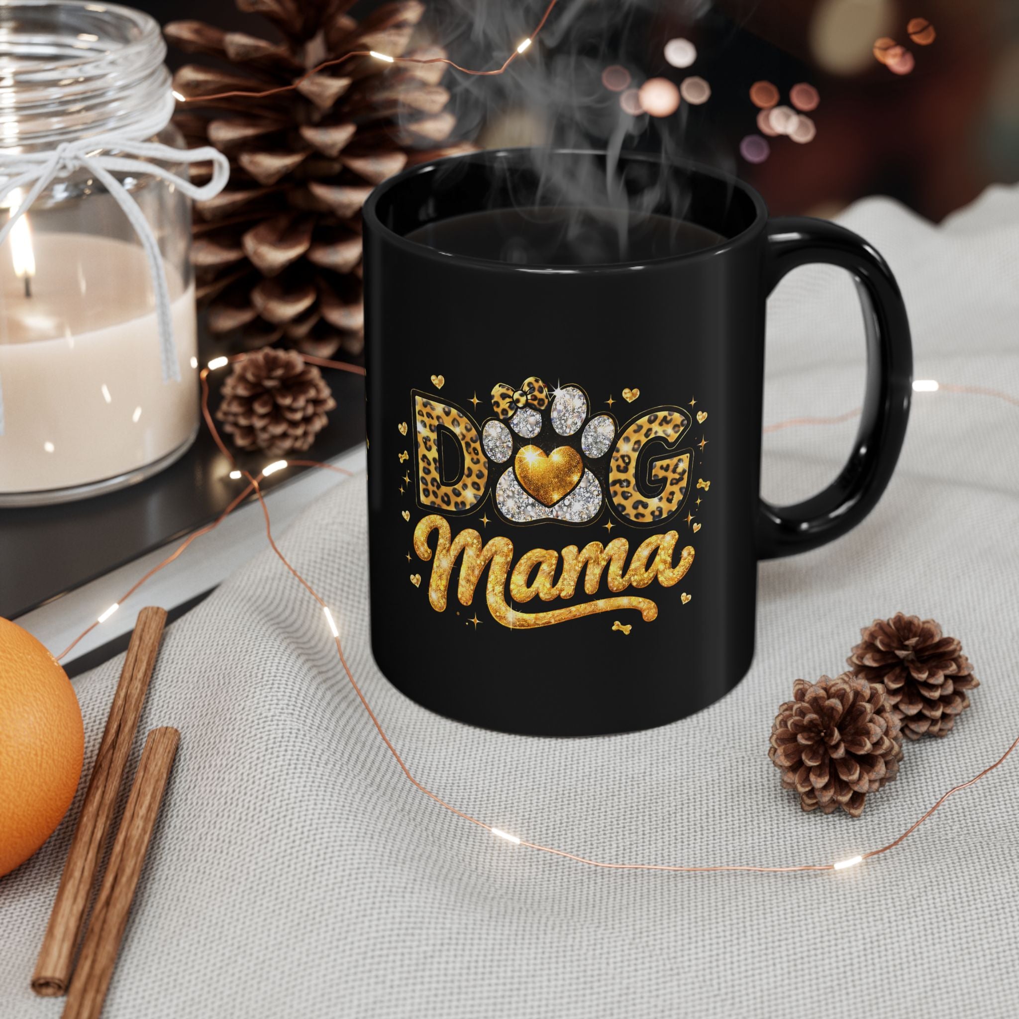 Dog Mama Black Mug | Paw Print Leopard Heart Design