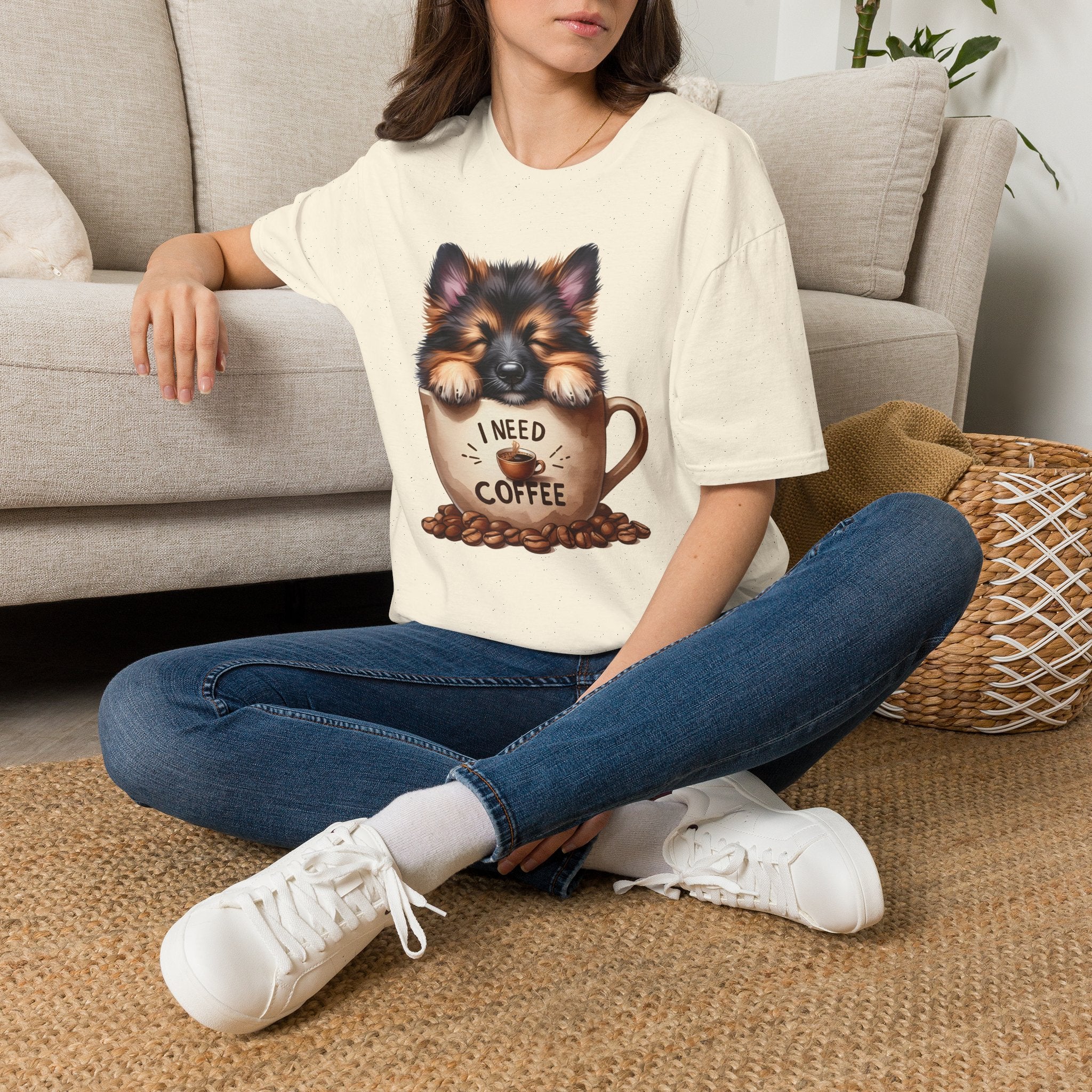 German Shepherd Puppy I Need Coffee T-Shirt | Cute Dog Coffee Design