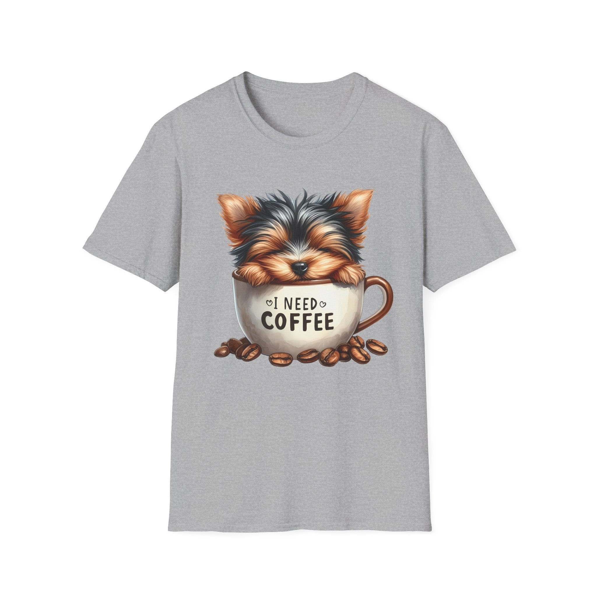 Cute Yorkie in Coffee Cup T-Shirt | I Need Coffee Puppy Graphic Tee