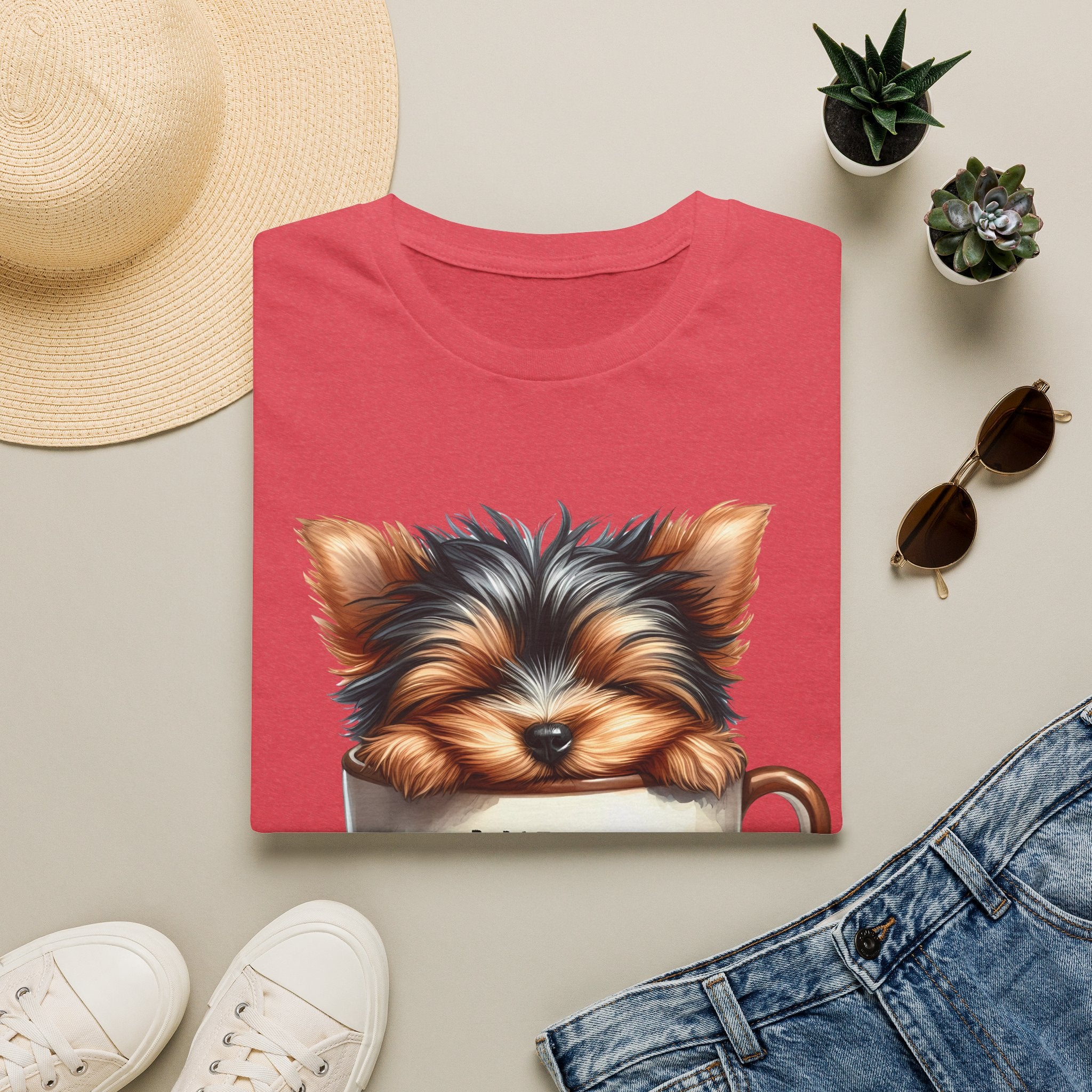 Cute Yorkie in Coffee Cup T-Shirt | I Need Coffee Puppy Graphic Tee