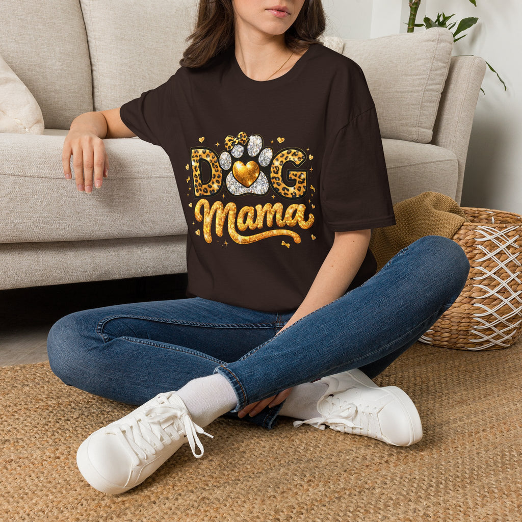 Dog Mama T-Shirt | Leopard Heart Paw Print, Gold Glitter Script