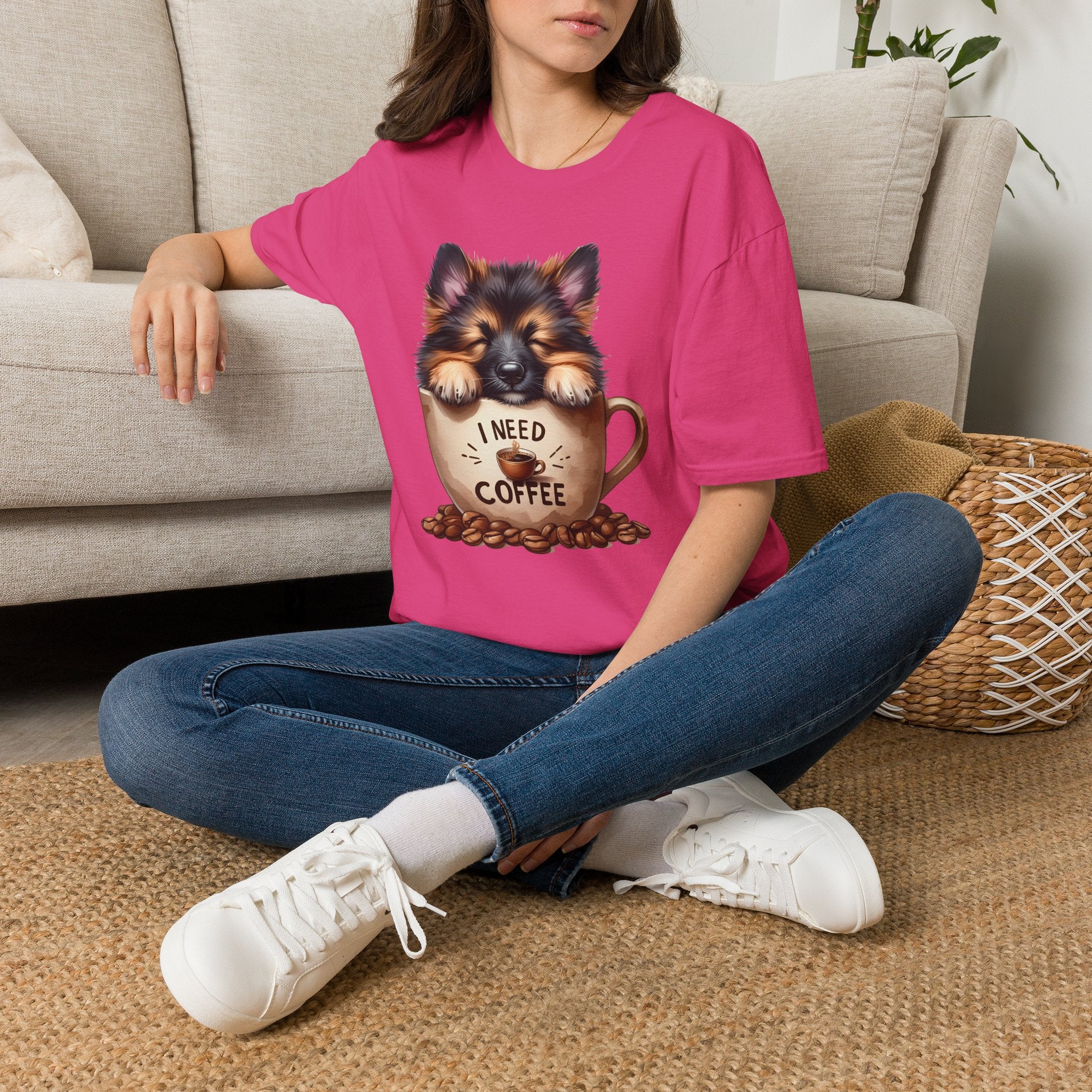 German Shepherd Puppy I Need Coffee T-Shirt | Cute Dog Coffee Design