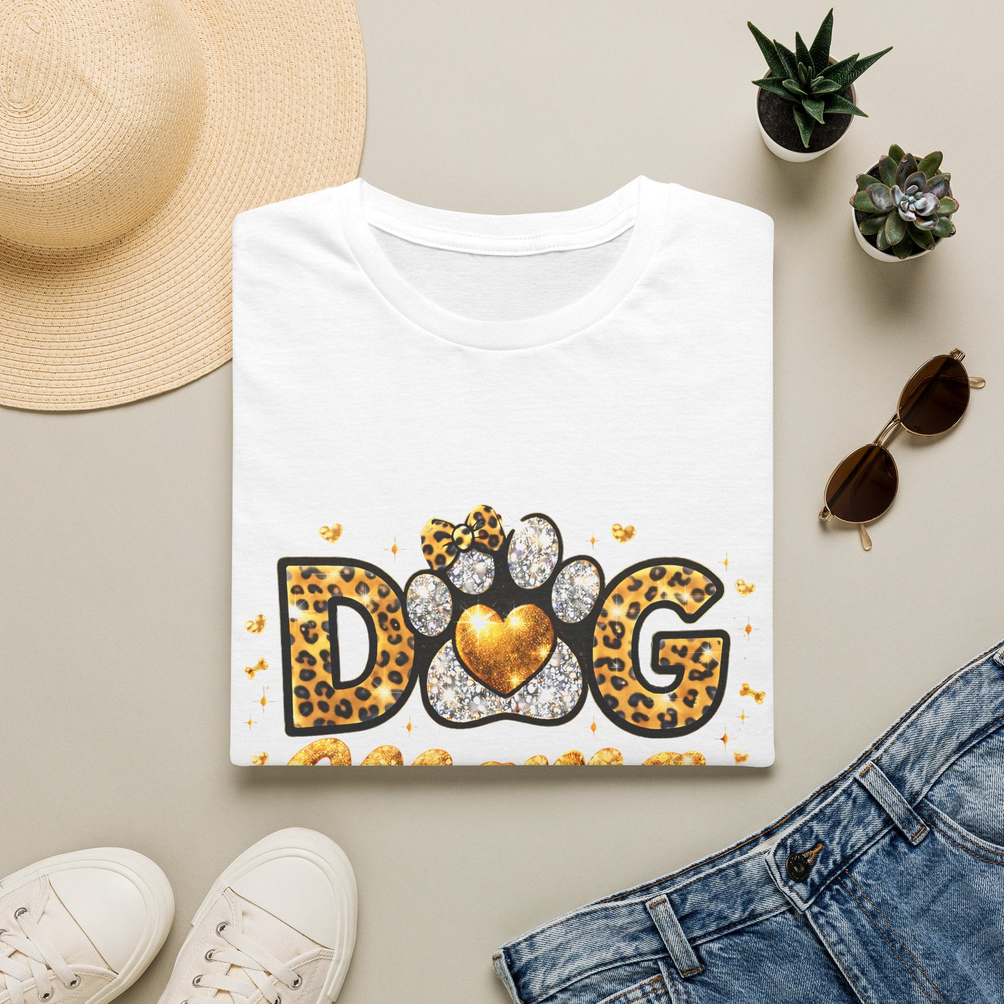 Dog Mama T-Shirt | Leopard Heart Paw Print, Gold Glitter Script