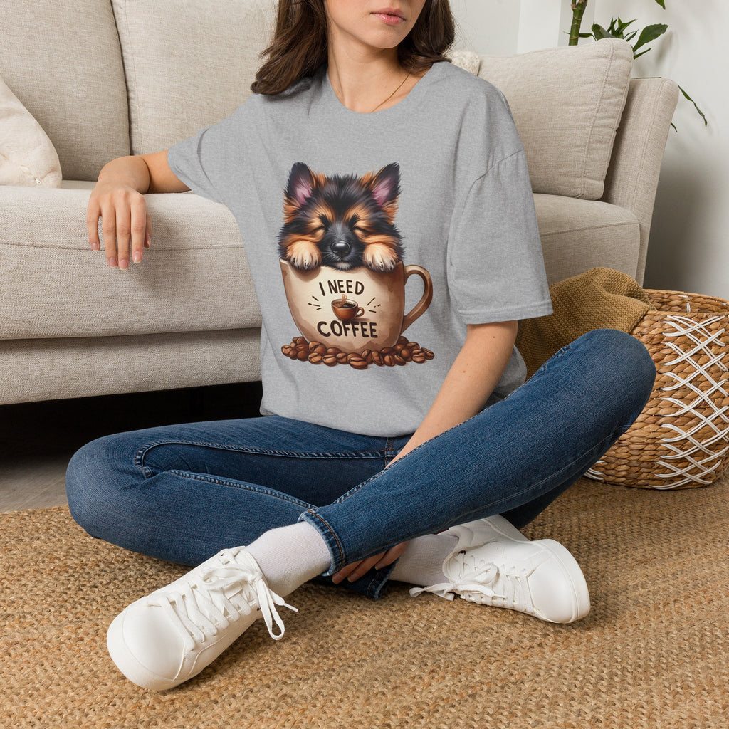German Shepherd Puppy I Need Coffee T-Shirt | Cute Dog Coffee Design