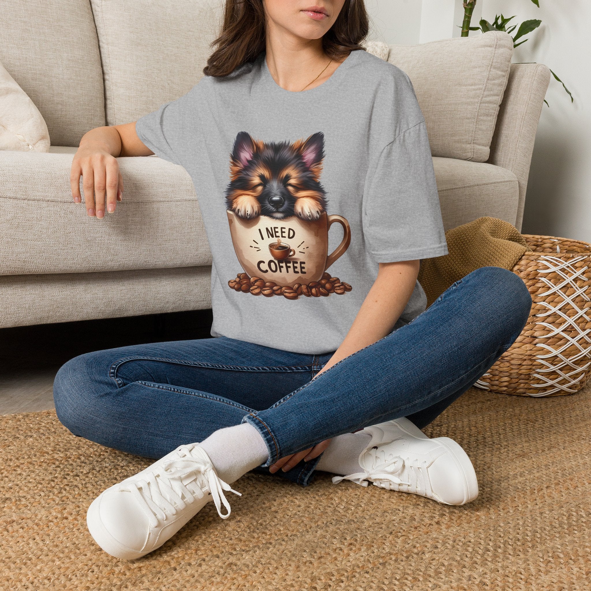 German Shepherd Puppy I Need Coffee T-Shirt | Cute Dog Coffee Design