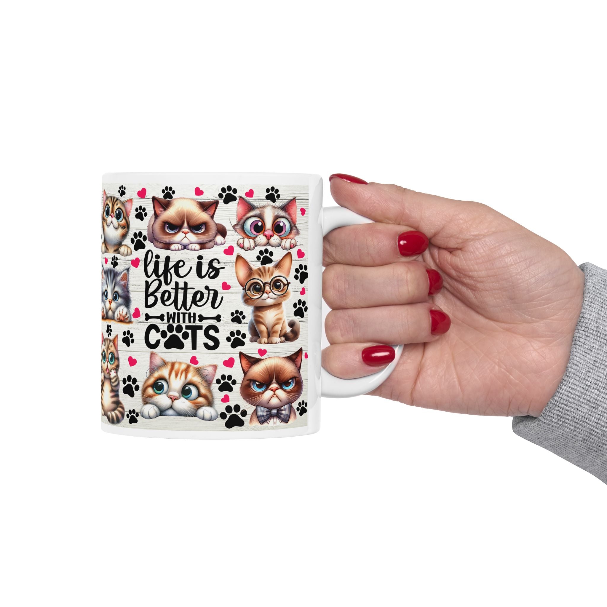 Cute Cartoon Cats Mug | Cute Cat Faces, Paw Prints Pattern Ceramic Mug