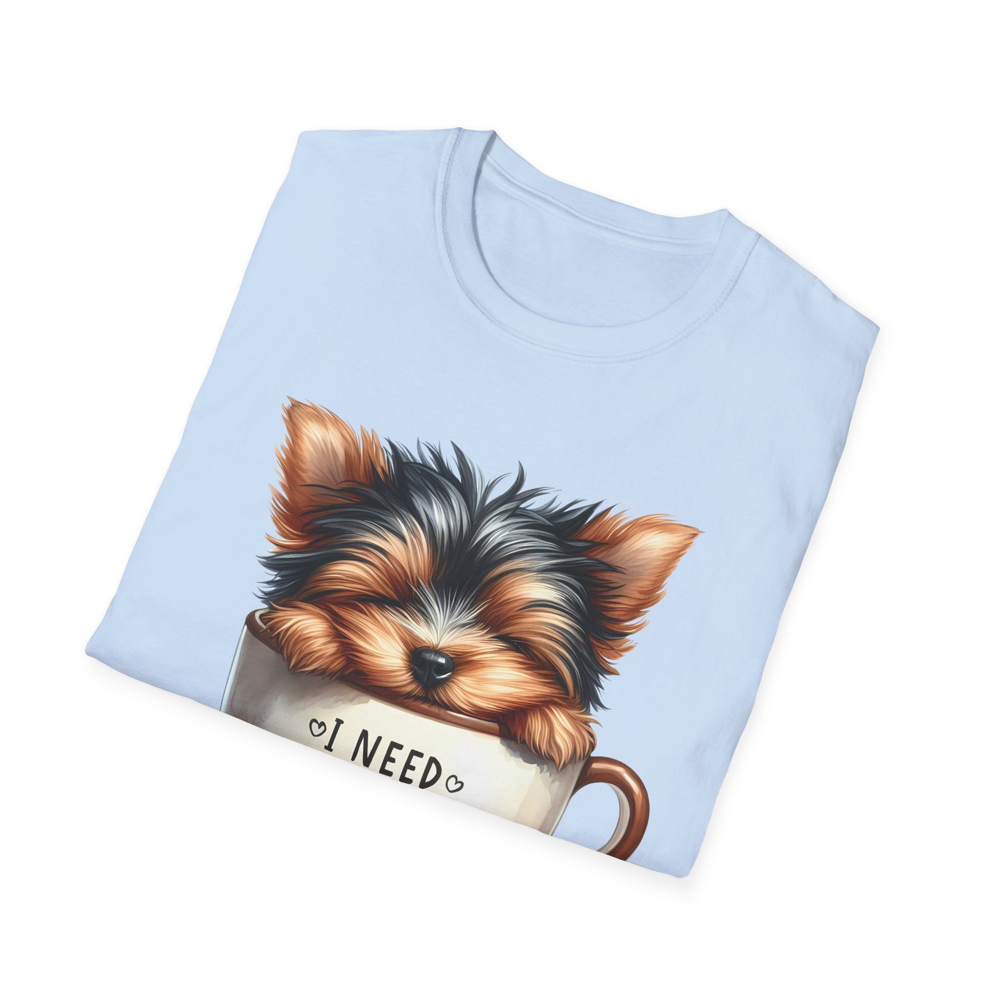 Cute Yorkie in Coffee Cup T-Shirt | I Need Coffee Puppy Graphic Tee