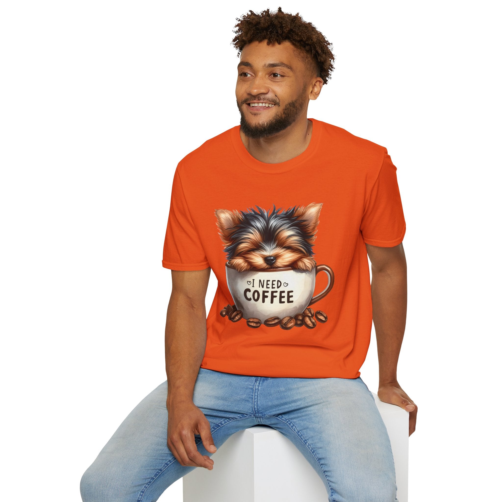 Cute Yorkie in Coffee Cup T-Shirt | I Need Coffee Puppy Graphic Tee