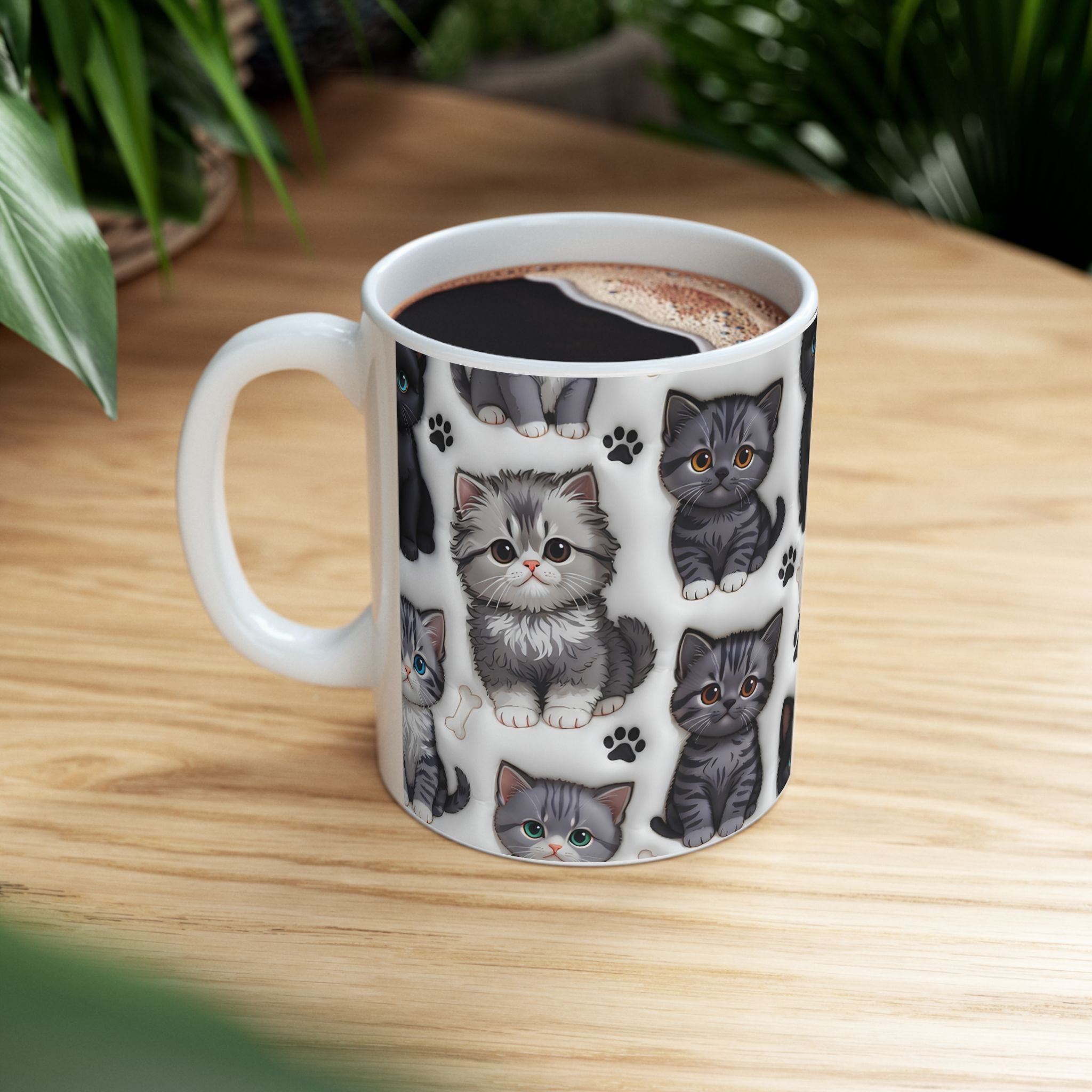 Cute Black and Tabby Kittens Mug | Ceramic Cat Pattern Mug