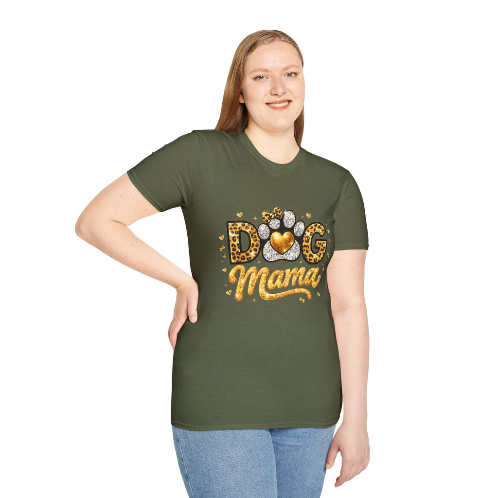 Dog Mama T-Shirt | Leopard Heart Paw Print, Gold Glitter Script