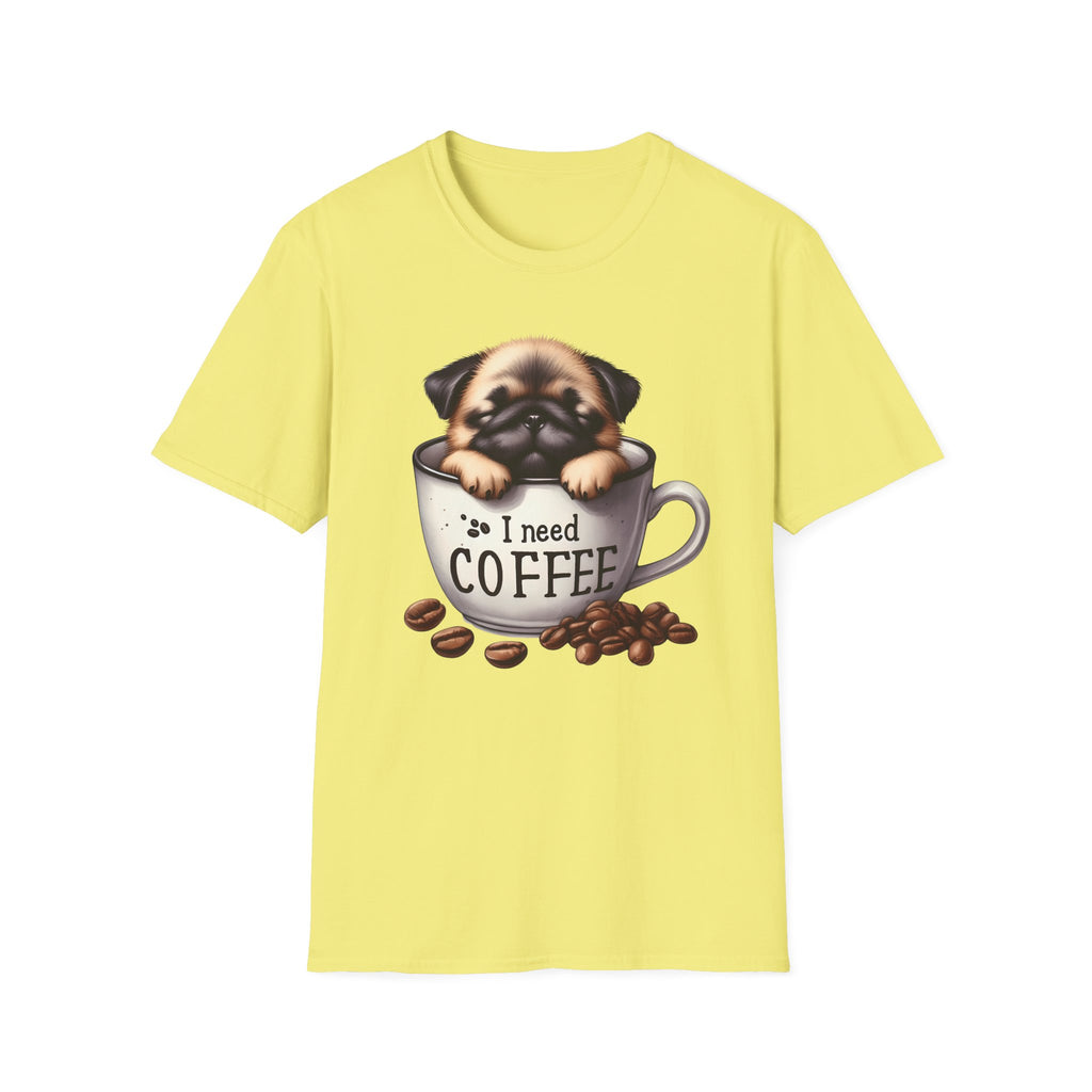 Puppy in Coffee Cup I Need Coffee T-Shirt | Cute Pug Coffee Tee