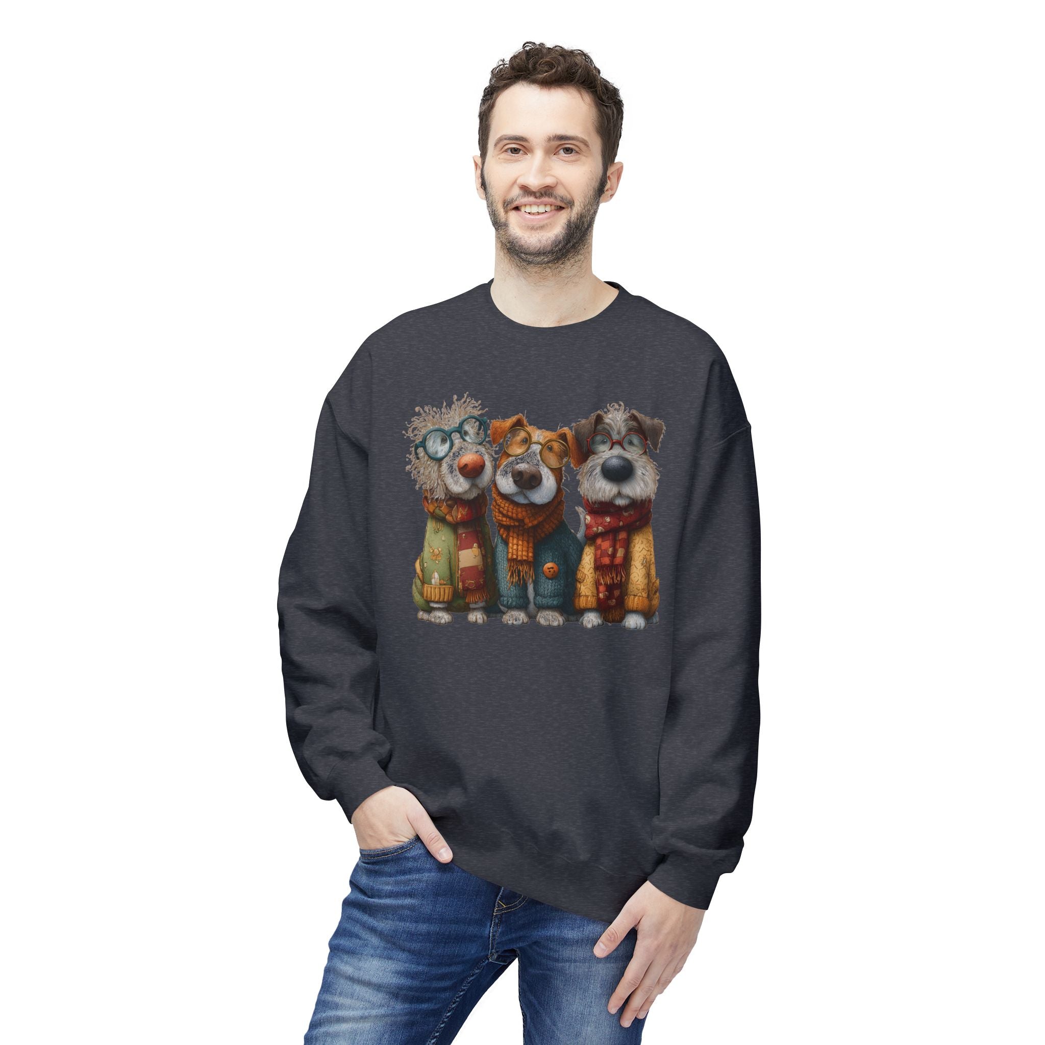 Three Cartoon Dogs in Scarves Sweatshirt | Cute Winter Pup Trio