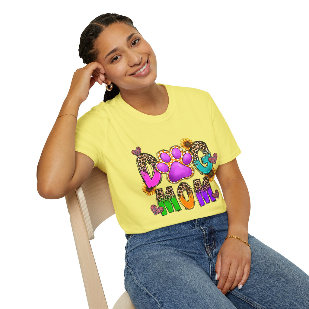 Dog Mom colorful paw print design T-Shirt | leopard hearts sunflower accents