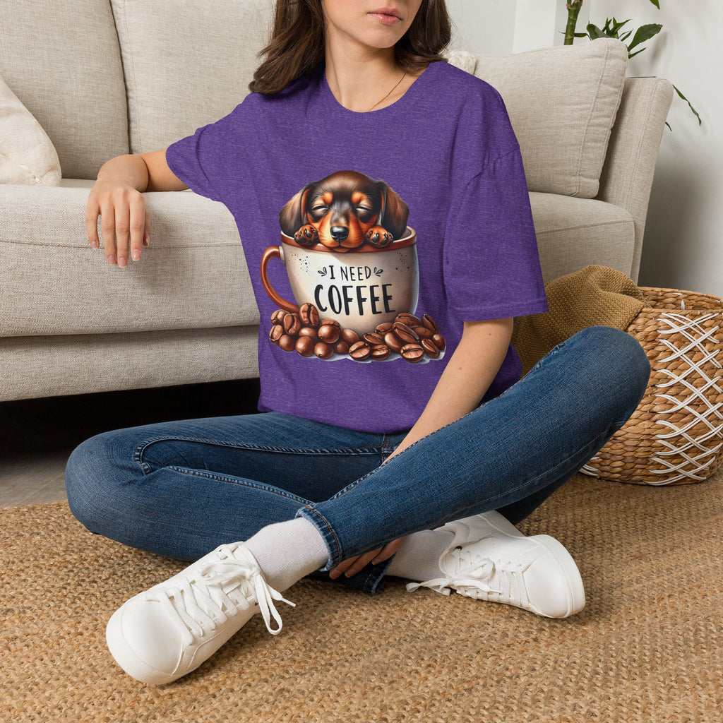 Sleepy Dachshund in Coffee Cup T-Shirt | I Need Coffee, Coffee Beans