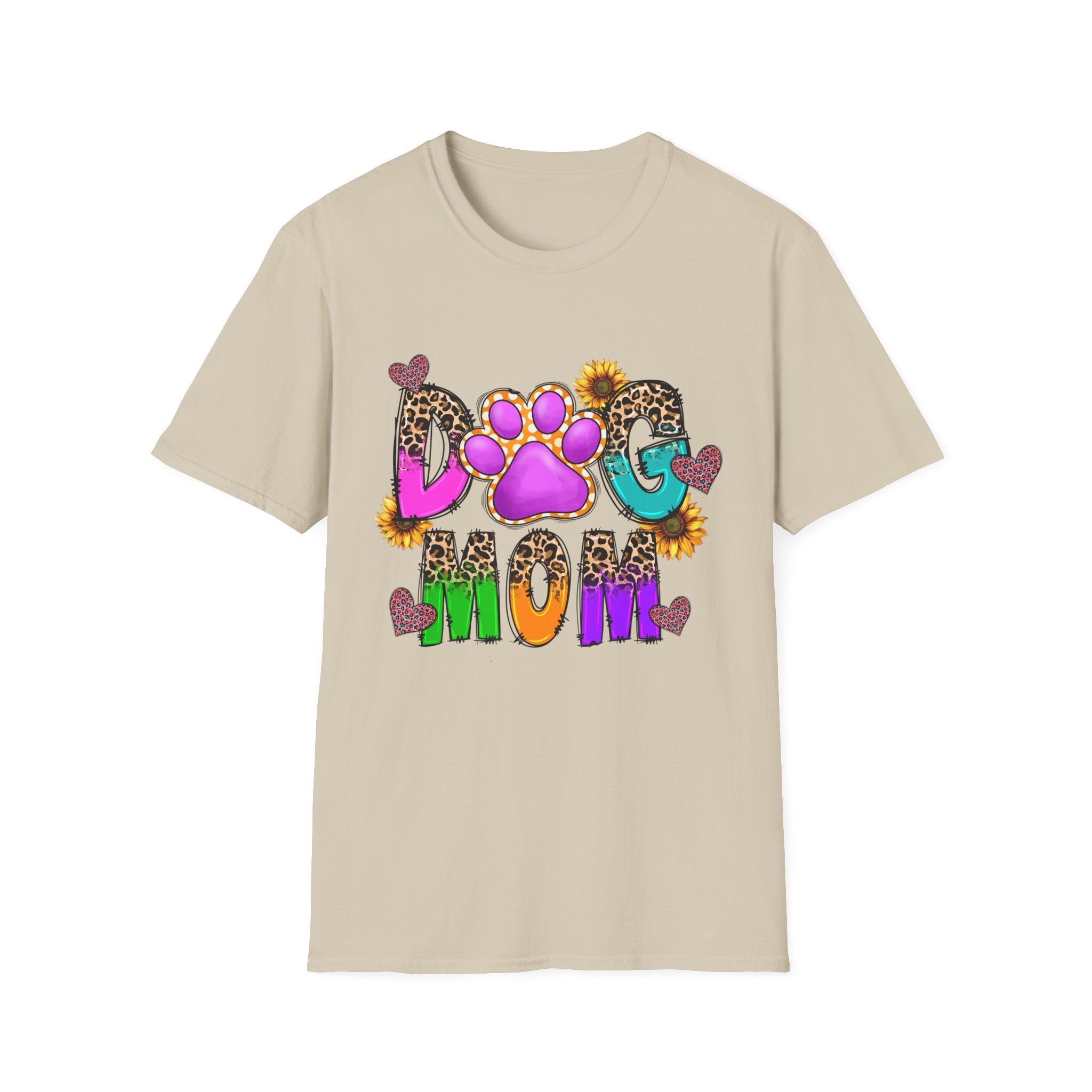 Dog Mom colorful paw print design T-Shirt | leopard hearts sunflower accents