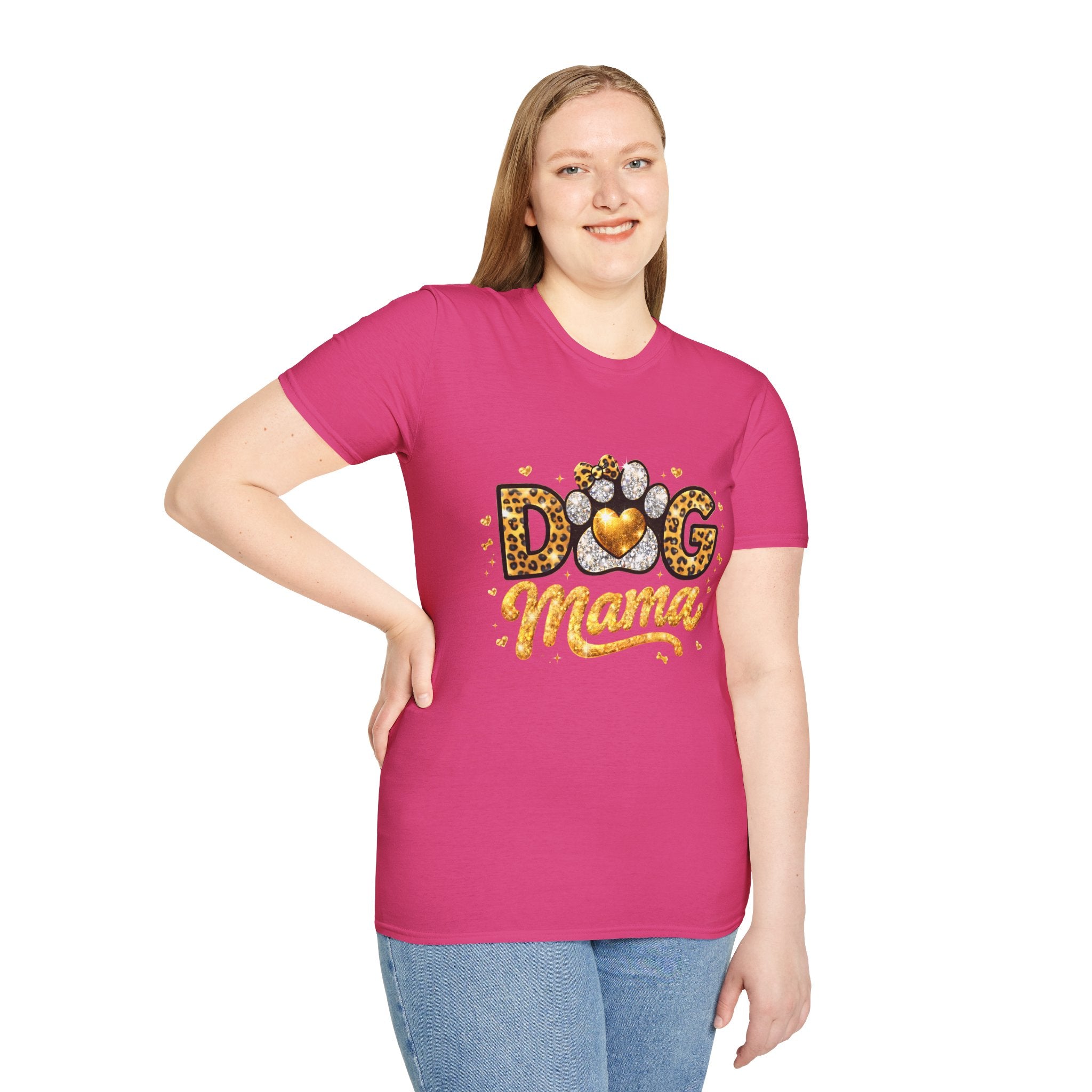 Dog Mama T-Shirt | Leopard Heart Paw Print, Gold Glitter Script