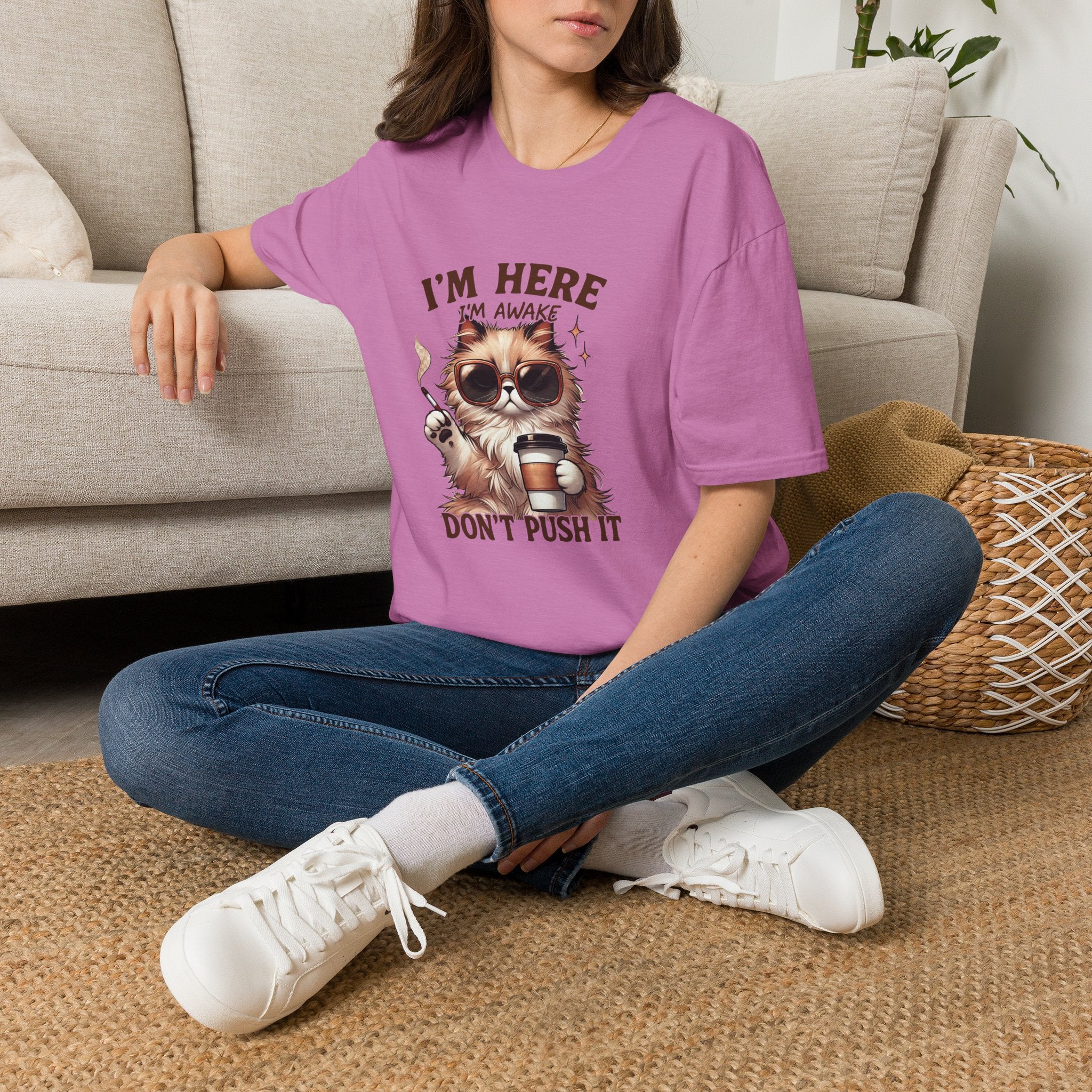 Sunglasses Cat with Coffee I'm Here I'm Awake Don't Push It T-Shirt | Funny Cat Tee