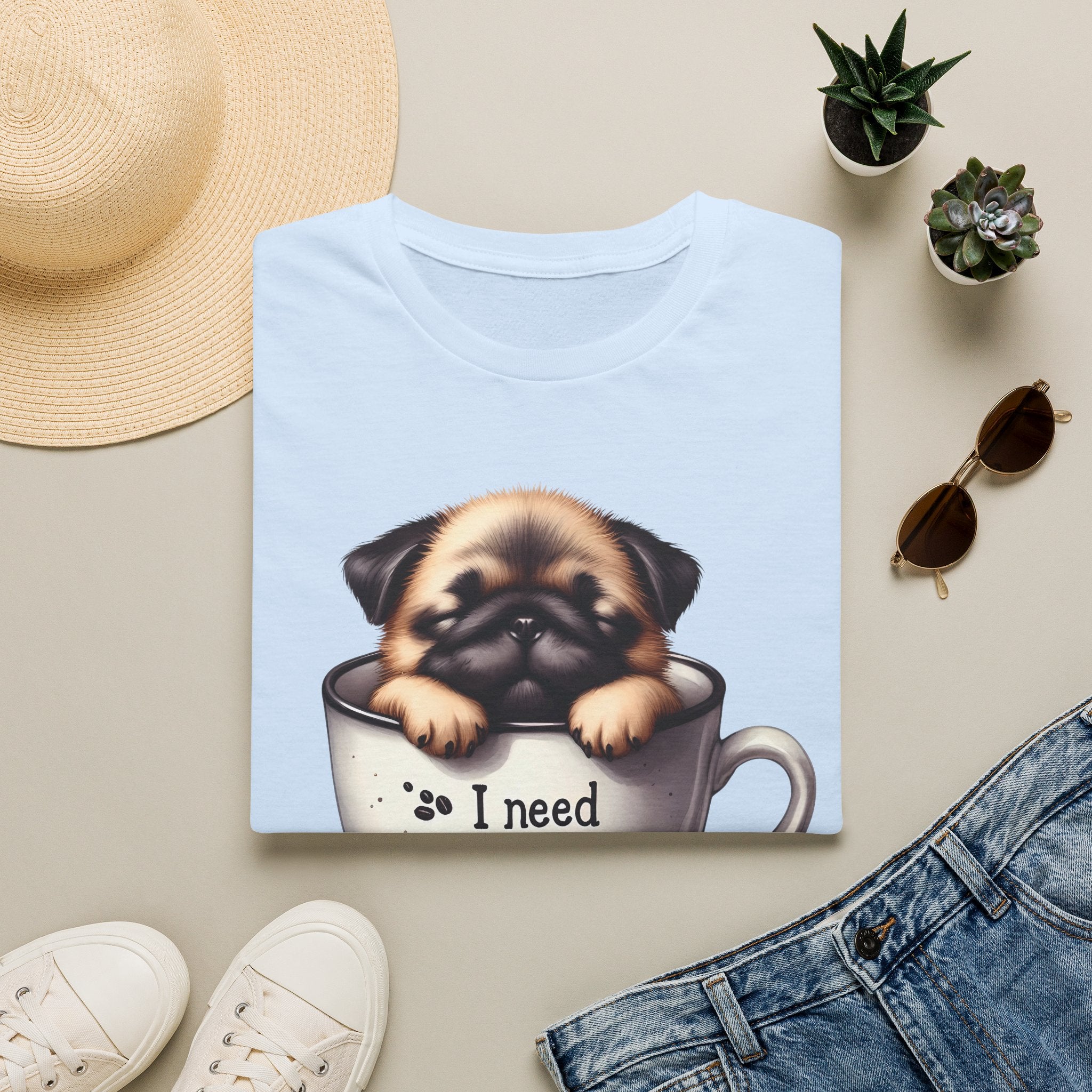 Puppy in Coffee Cup I Need Coffee T-Shirt | Cute Pug Coffee Tee