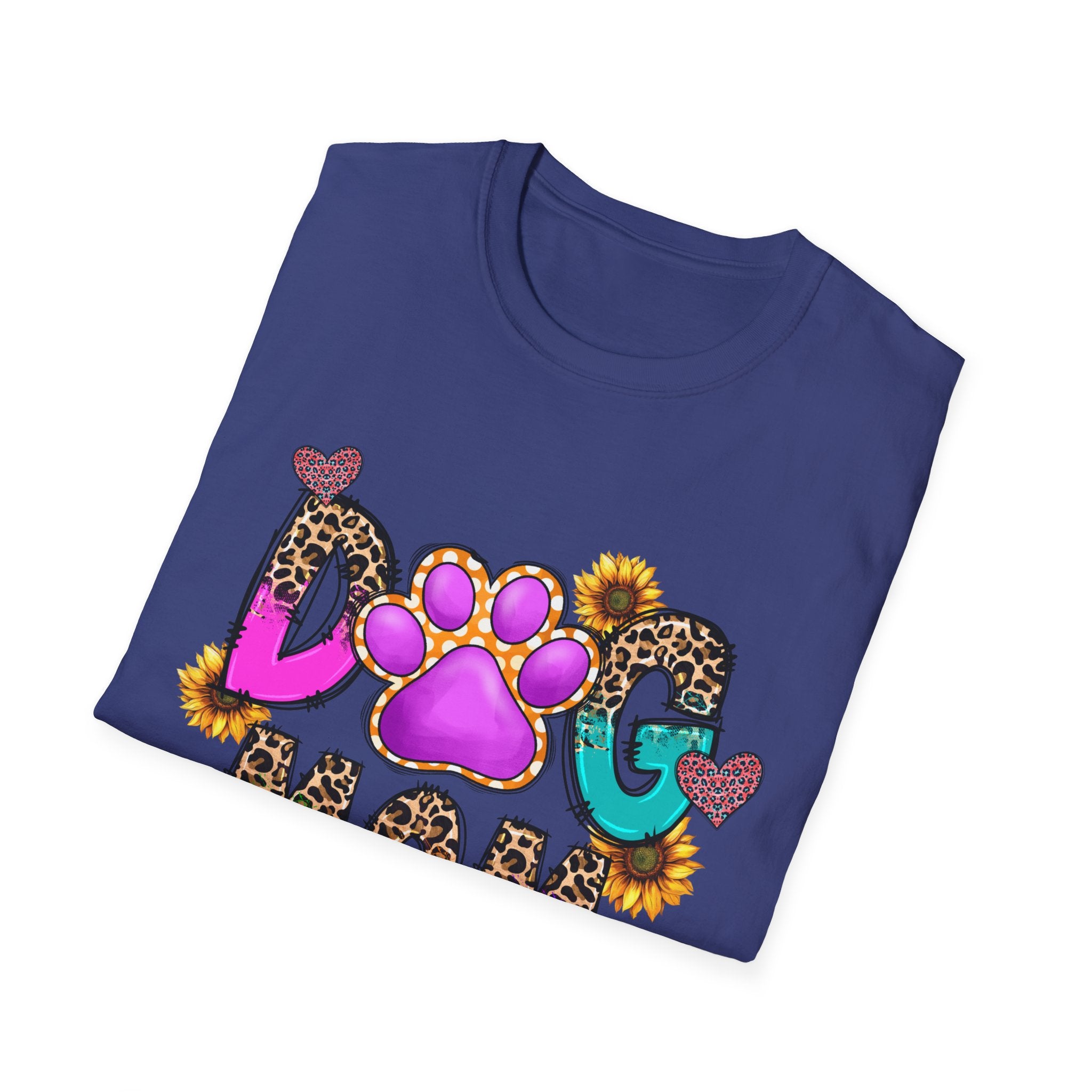 Dog Mom colorful paw print design T-Shirt | leopard hearts sunflower accents