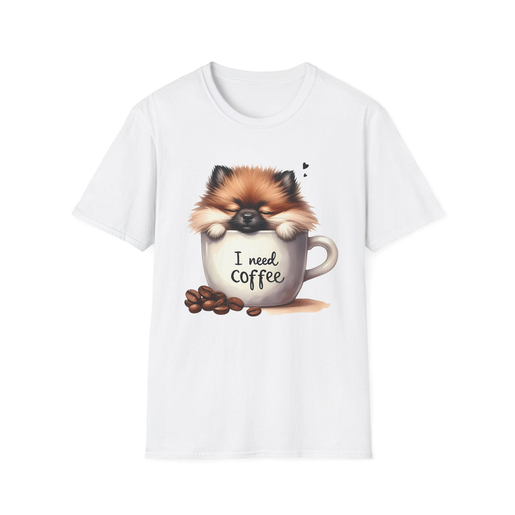 Cute Pomeranian in Coffee Mug T-Shirt | I Need Coffee, Dog Coffee Tee