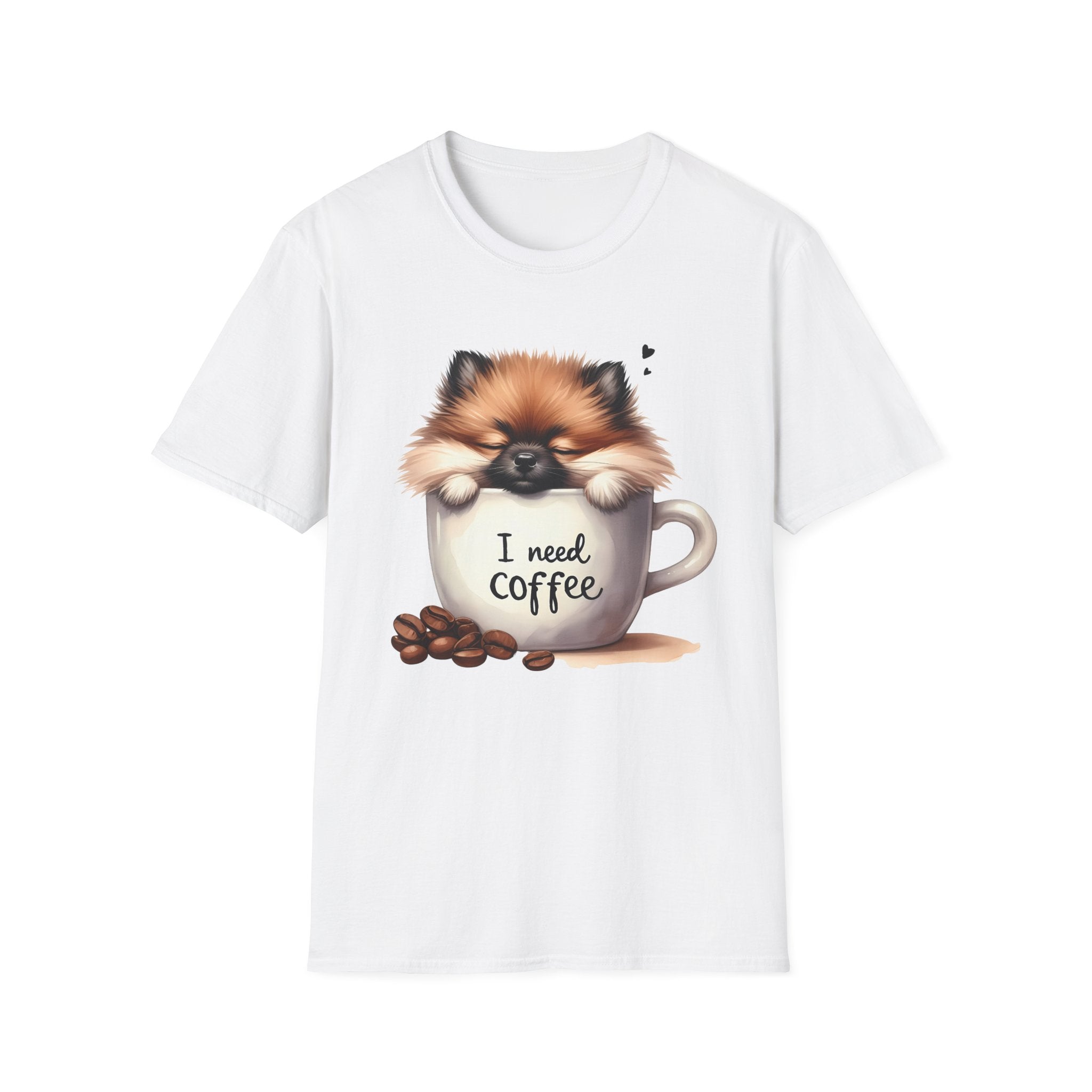 Cute Pomeranian in Coffee Mug T-Shirt | I Need Coffee, Dog Coffee Tee