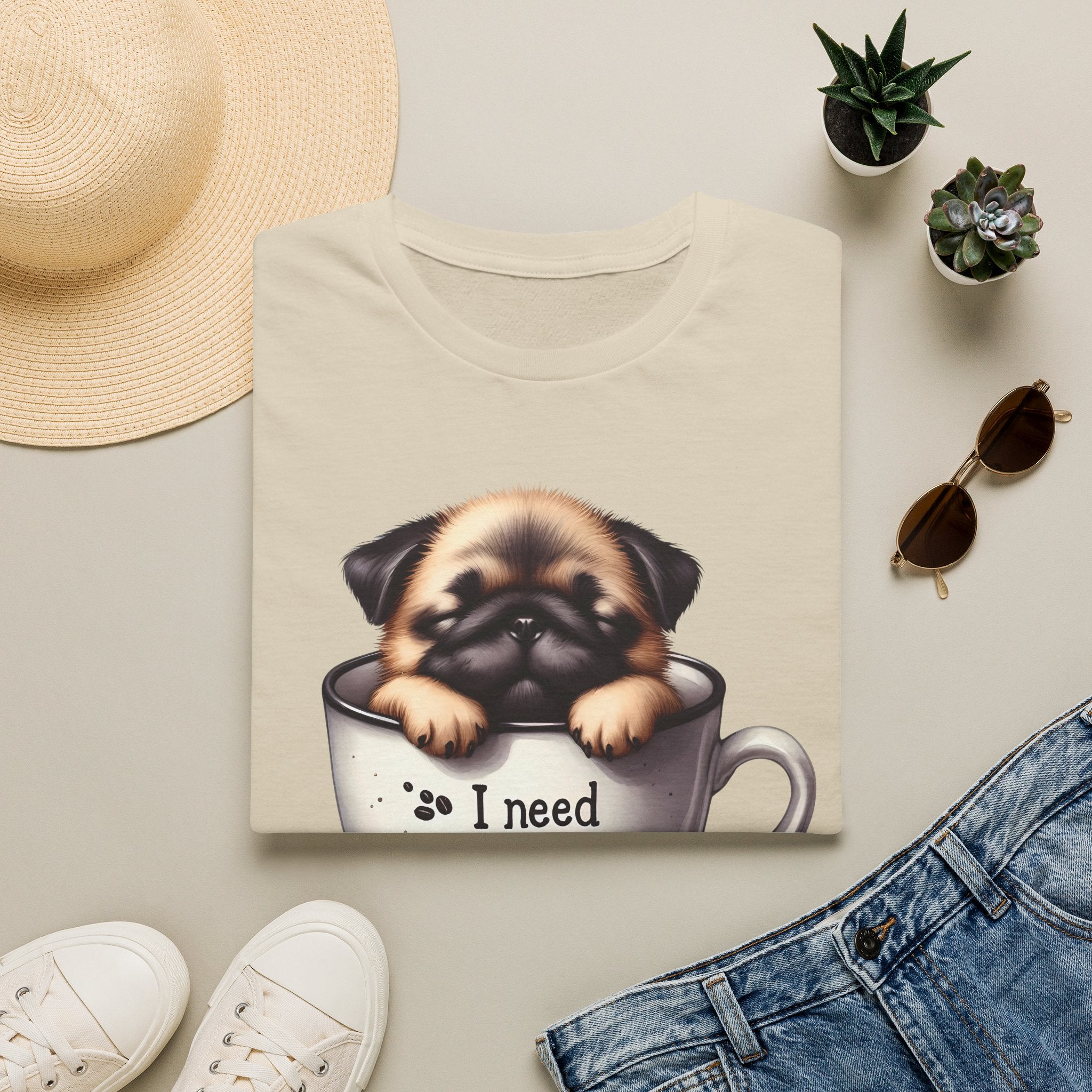 Puppy in Coffee Cup I Need Coffee T-Shirt | Cute Pug Coffee Tee