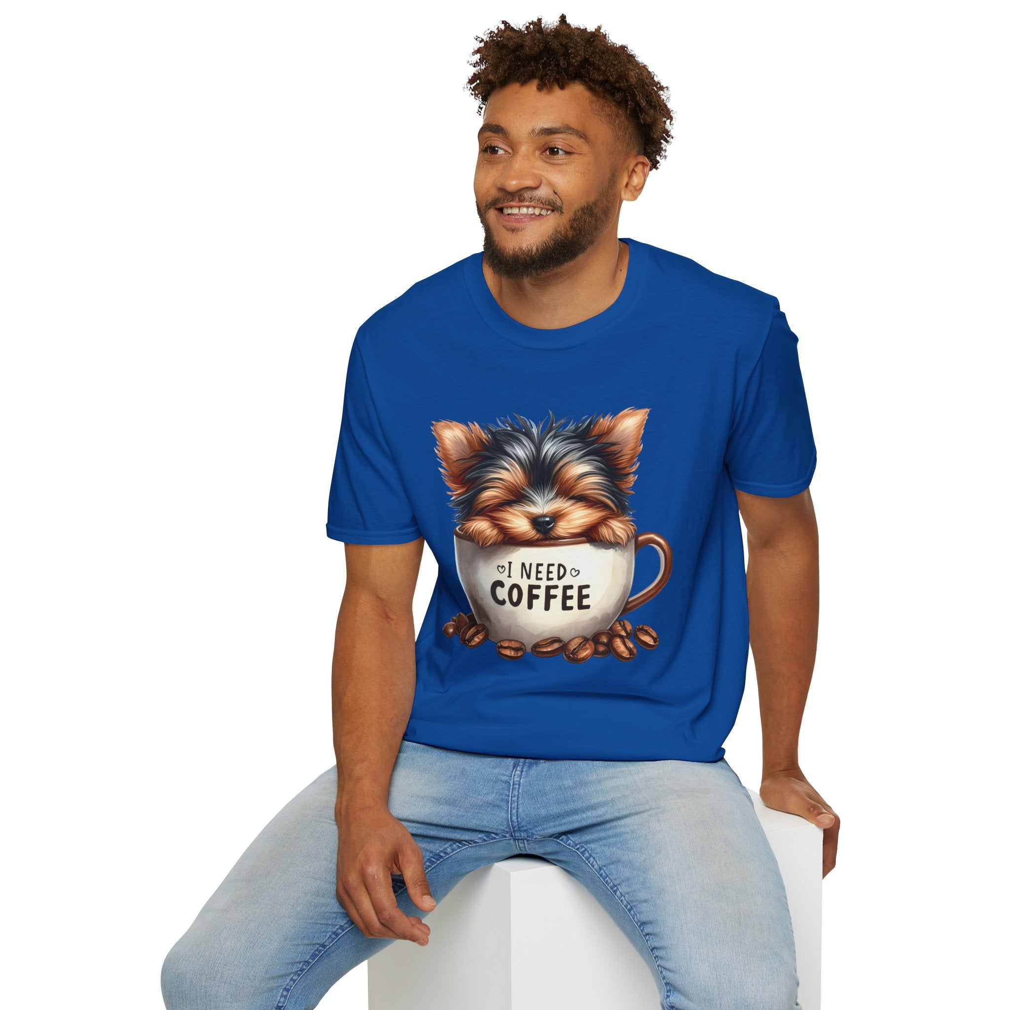 Cute Yorkie in Coffee Cup T-Shirt | I Need Coffee Puppy Graphic Tee