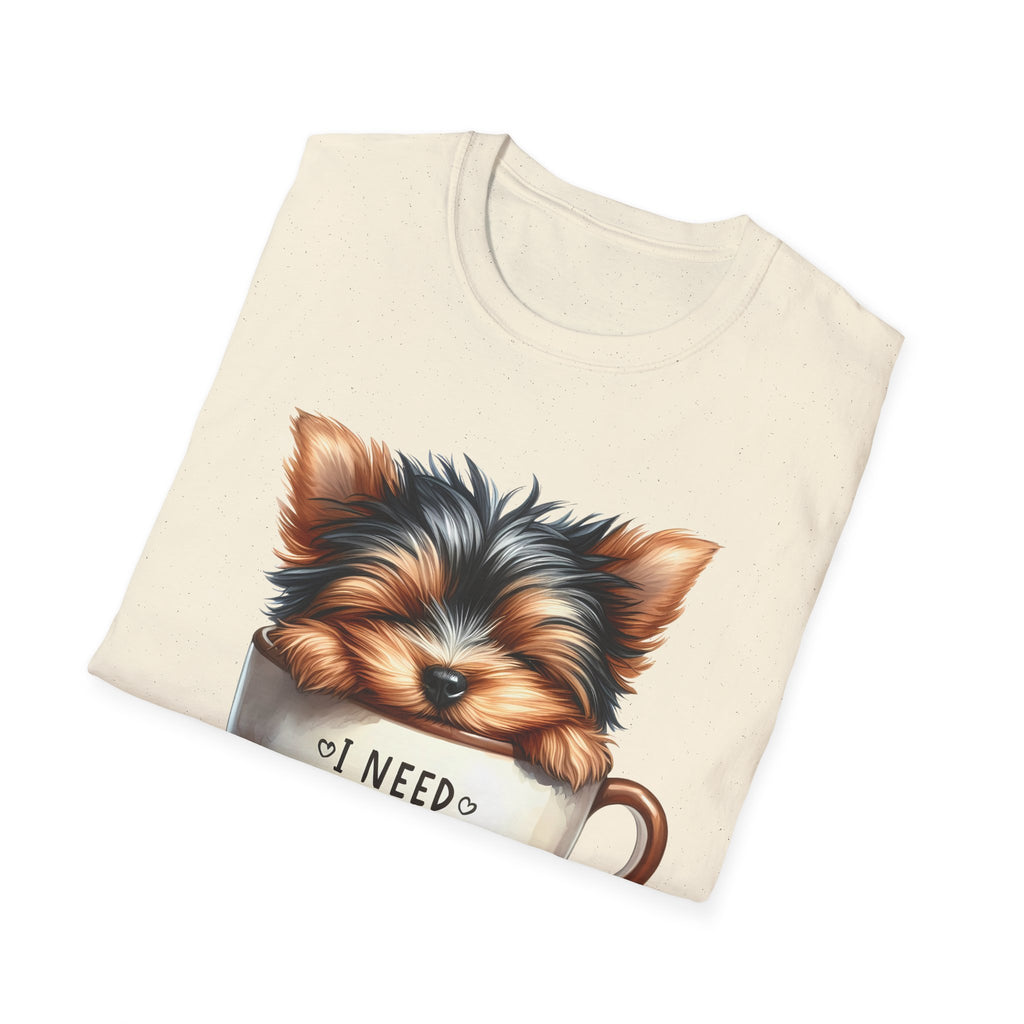 Cute Yorkie in Coffee Cup T-Shirt | I Need Coffee Puppy Graphic Tee