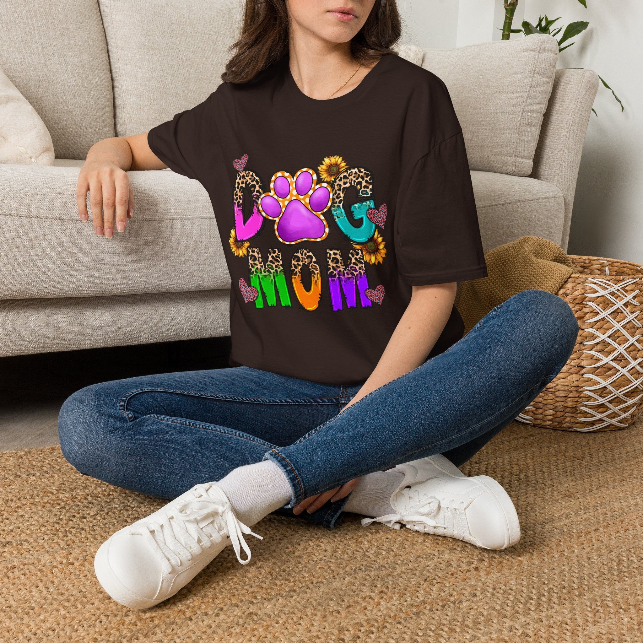 Dog Mom colorful paw print design T-Shirt | leopard hearts sunflower accents