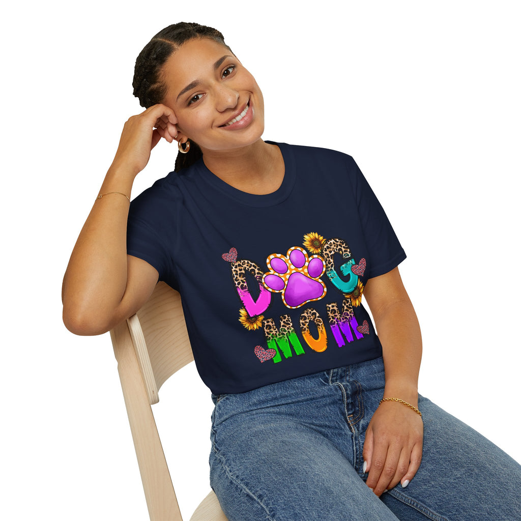 Dog Mom colorful paw print design T-Shirt | leopard hearts sunflower accents