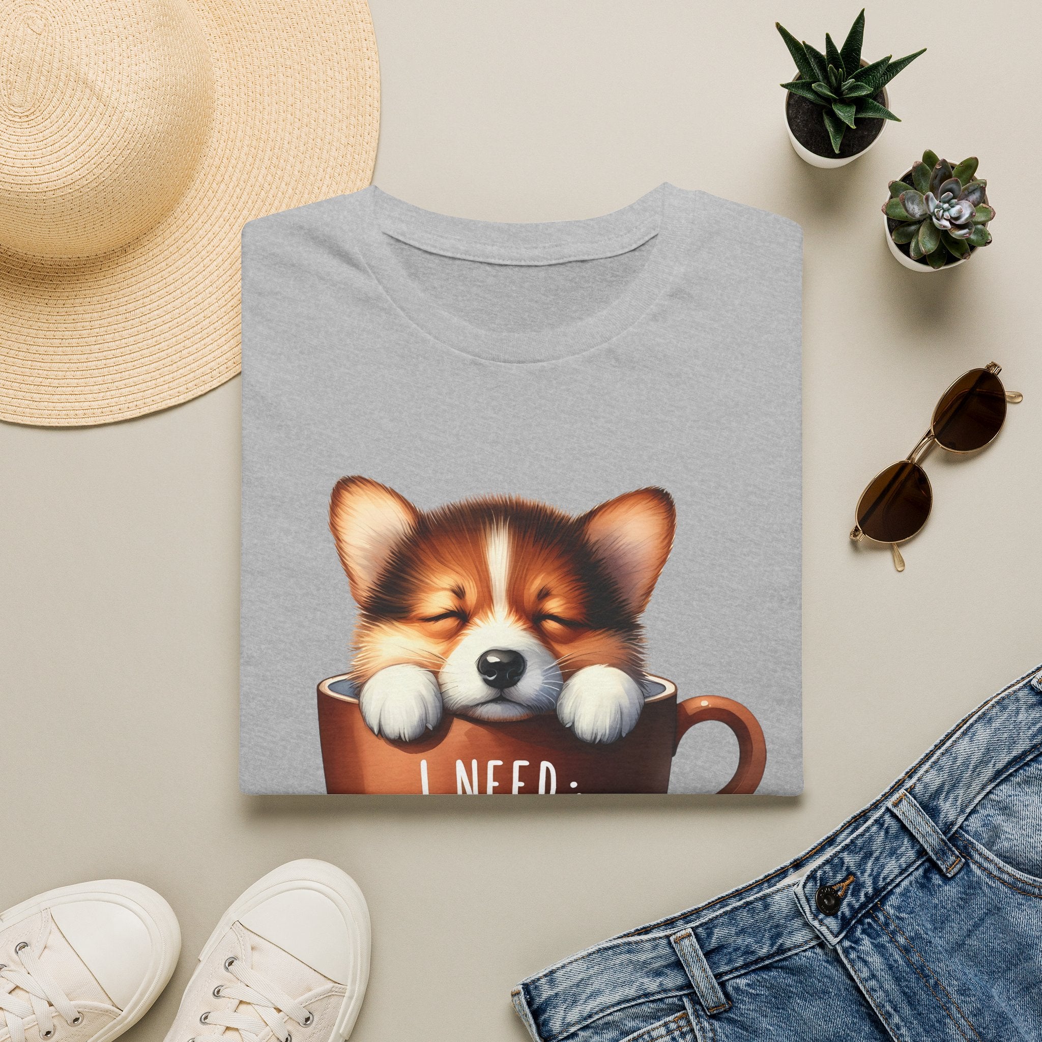 Sleeping Puppy in Coffee Cup T-Shirt | I Need Coffee, Cute Corgi Mug