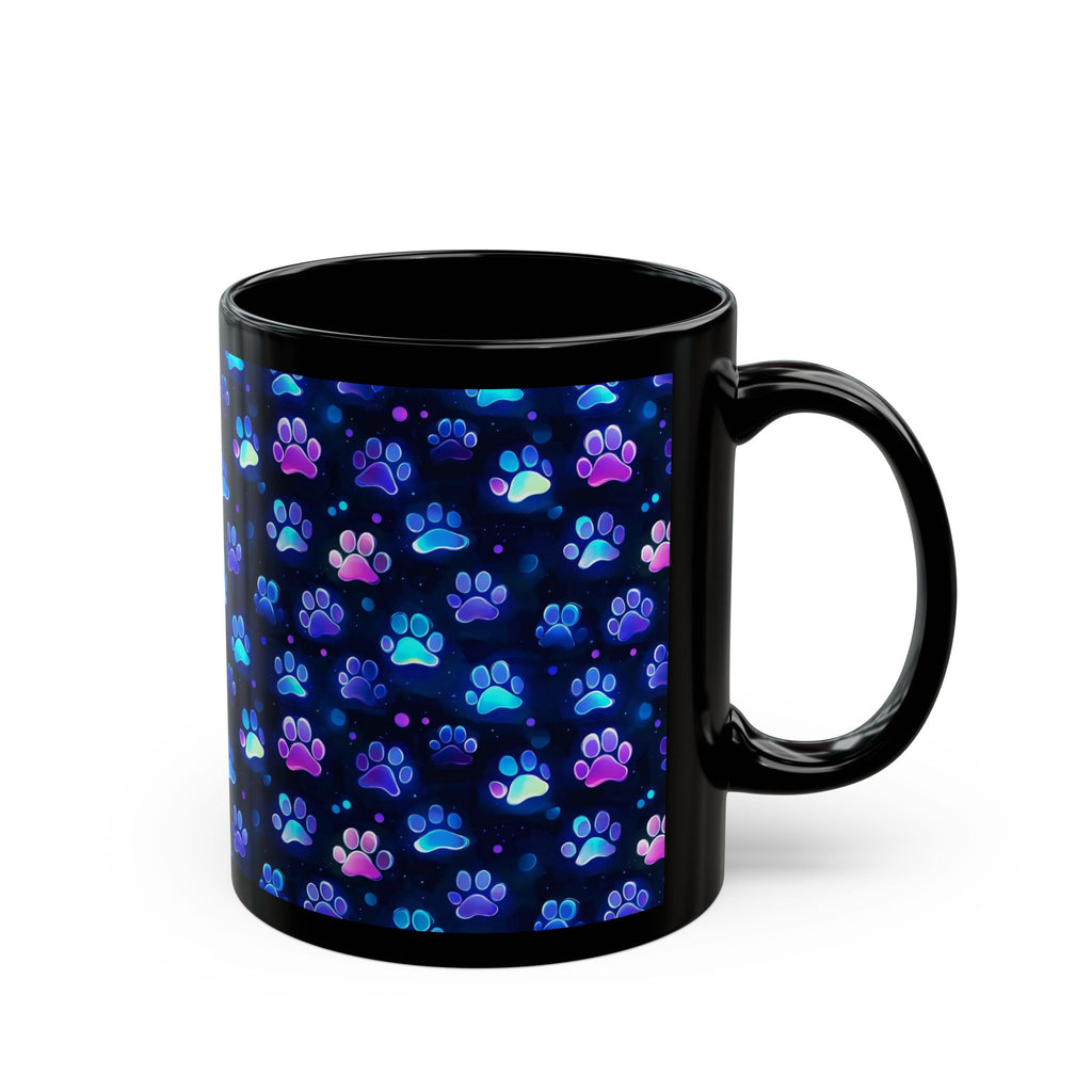 Neon Paw Print Pattern Mug | Black Ceramic 11oz or 15oz