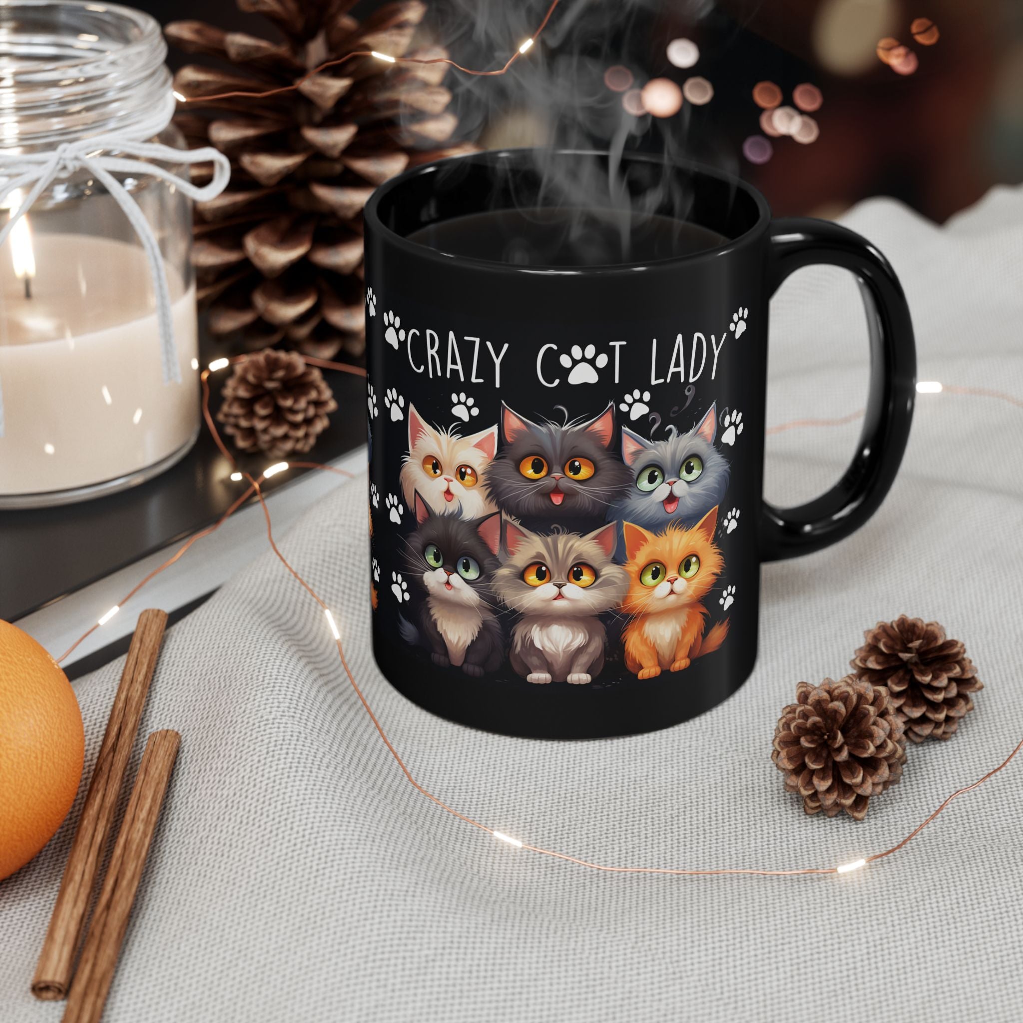 Crazy Cat Lady Mug | Black Cat Paw Print Coffee Cup