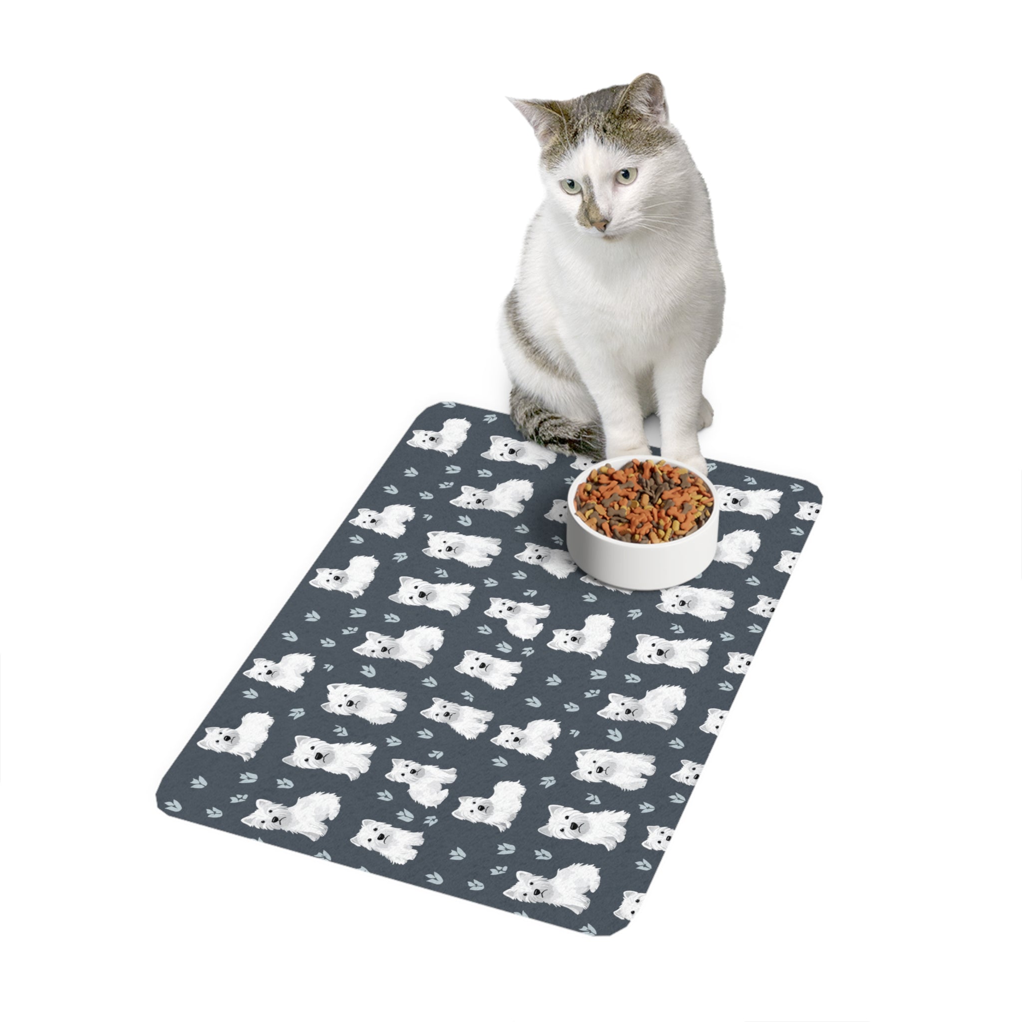 Westie Pattern Pet Food Mat 12x18 | White West Highland Terrier Paw Print Placemat