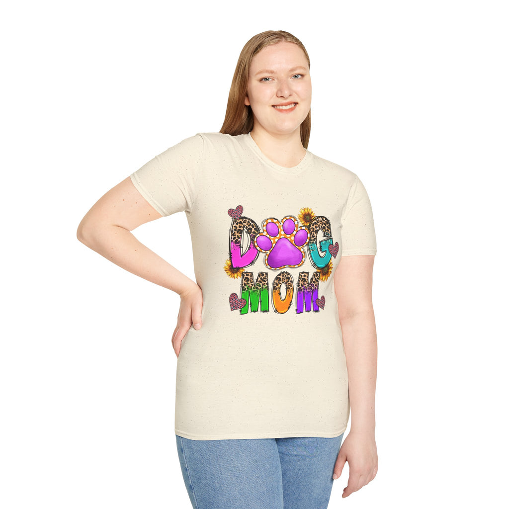 Dog Mom colorful paw print design T-Shirt | leopard hearts sunflower accents
