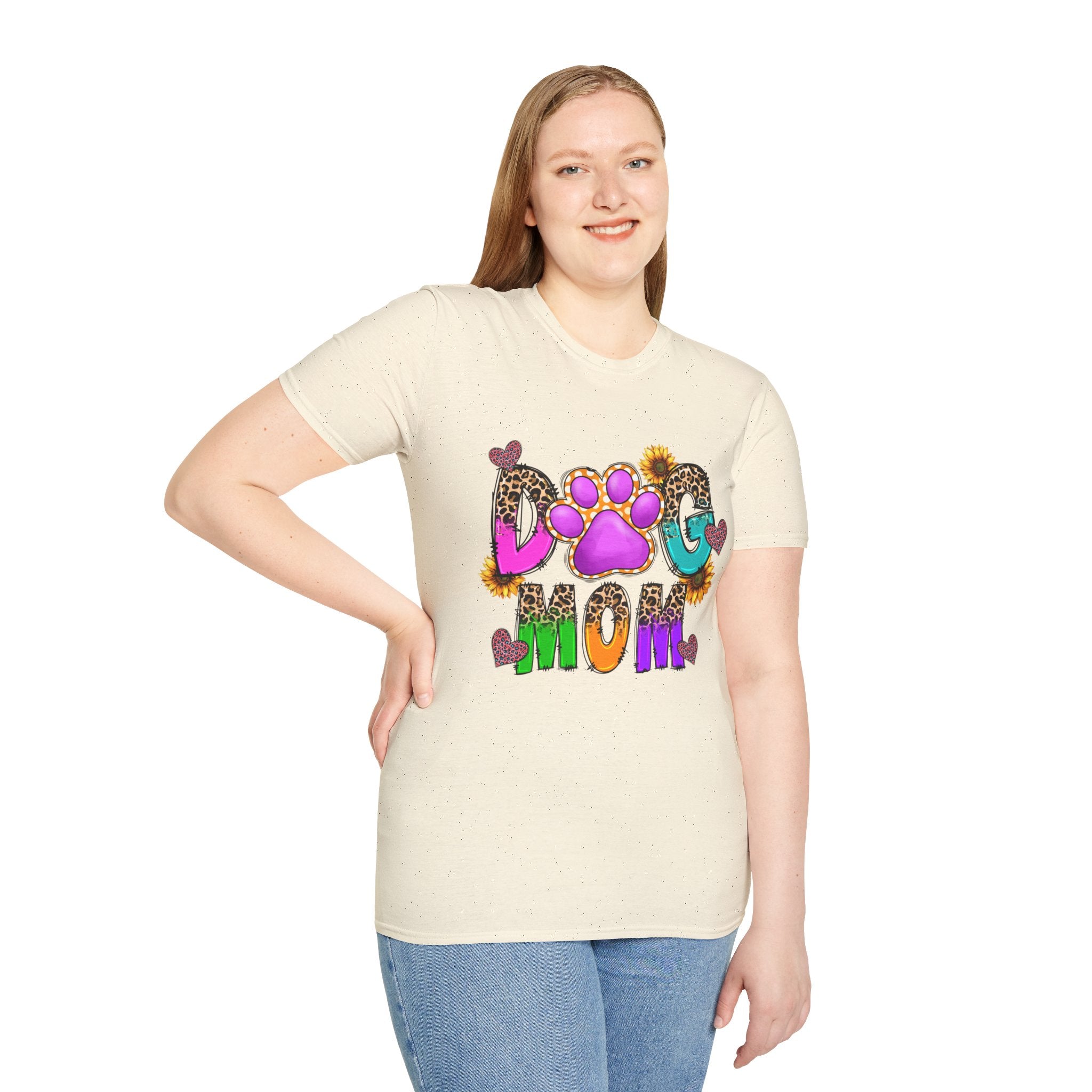 Dog Mom colorful paw print design T-Shirt | leopard hearts sunflower accents