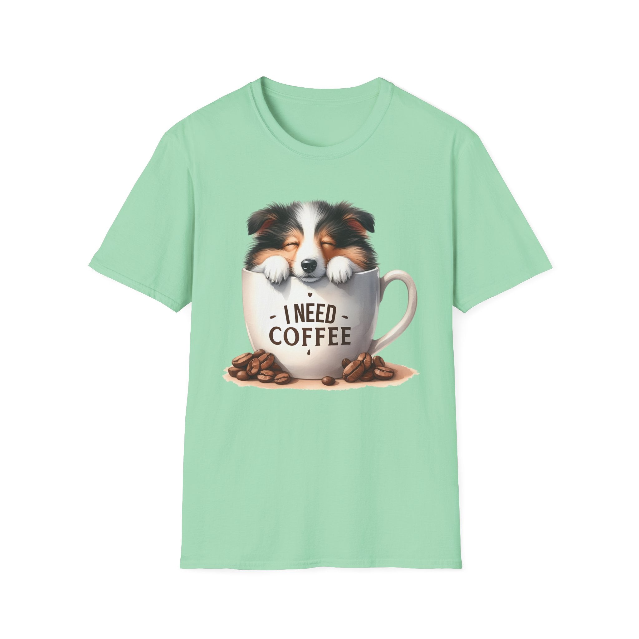 I Need Coffee Dog T-Shirt | Coffee Cup, Shetland Sheepdog Illustration